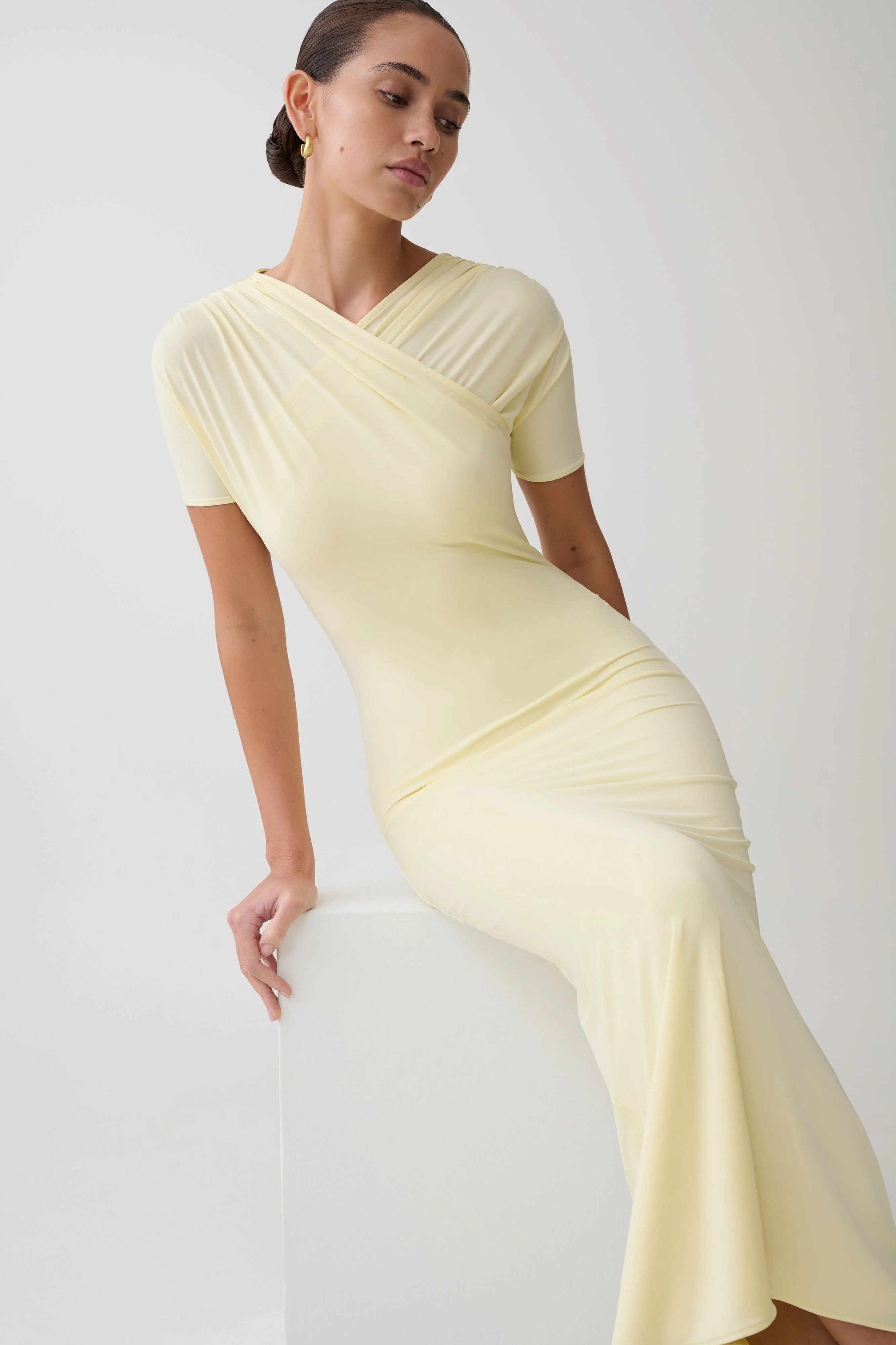 Junie Cross-Over Neck Slinky Maxi Dress - Lemon - Image 5