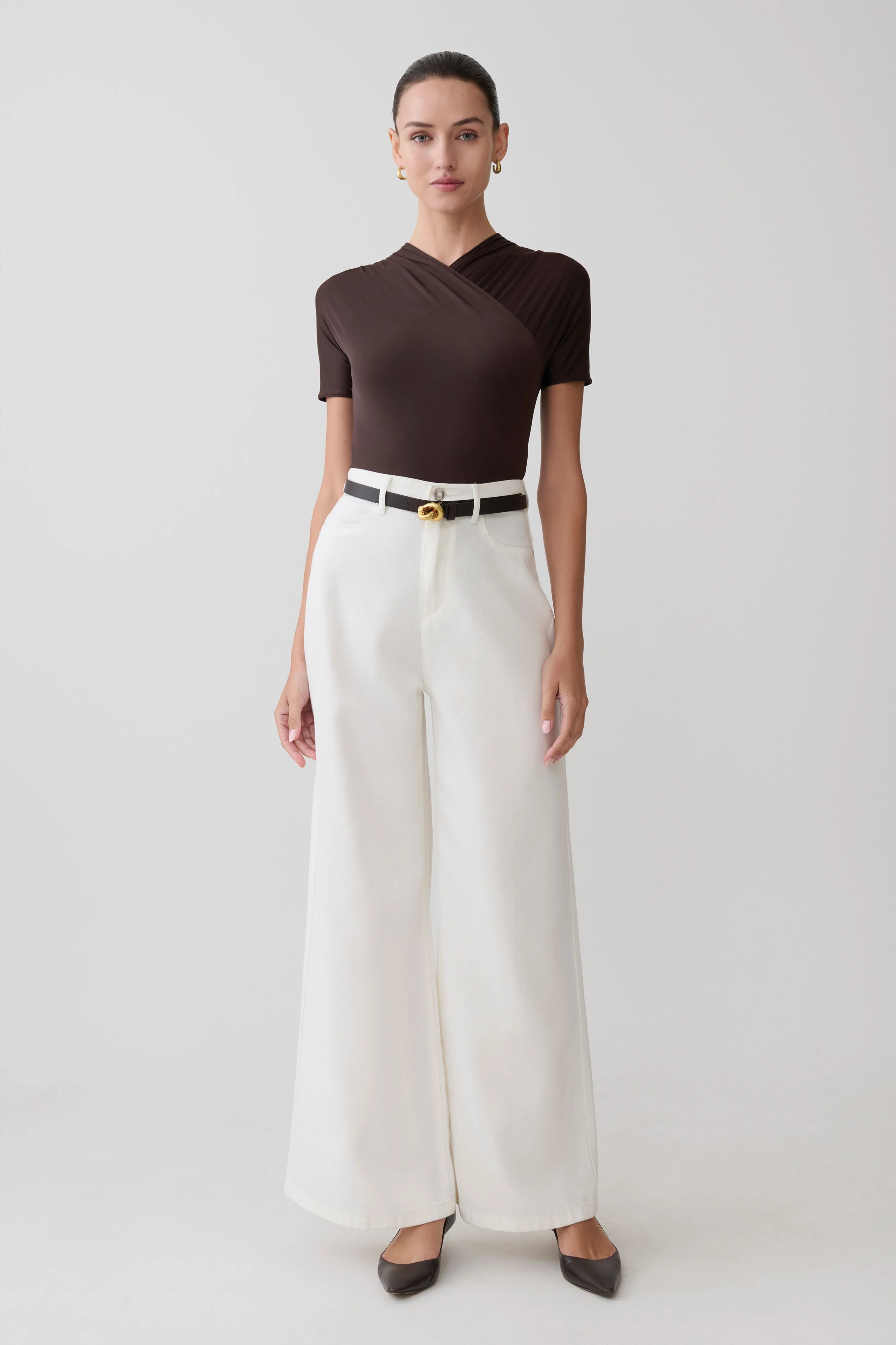 Junie Shortsleeve Cross-Over Bodysuit - Chocolate - Image 2