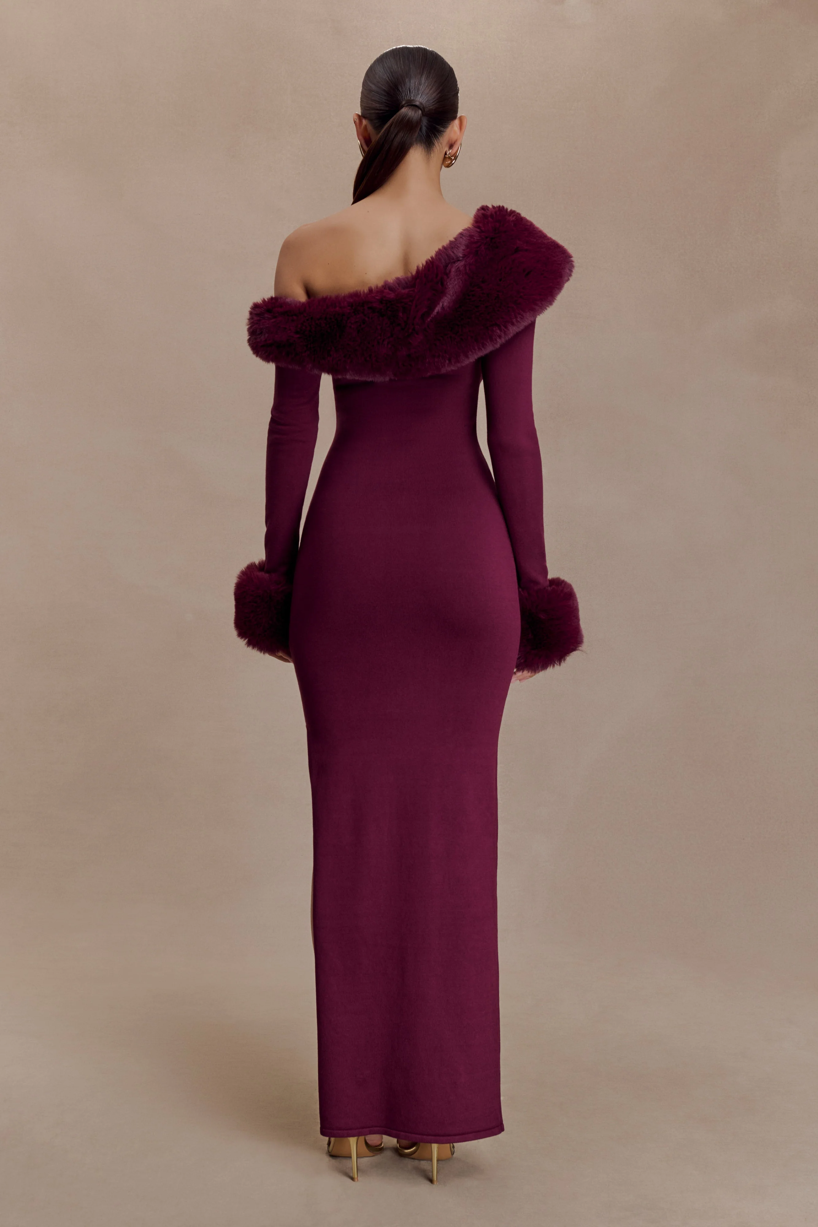 Karleigh Faux Fur Knit Maxi Dress - Plum - Image 2