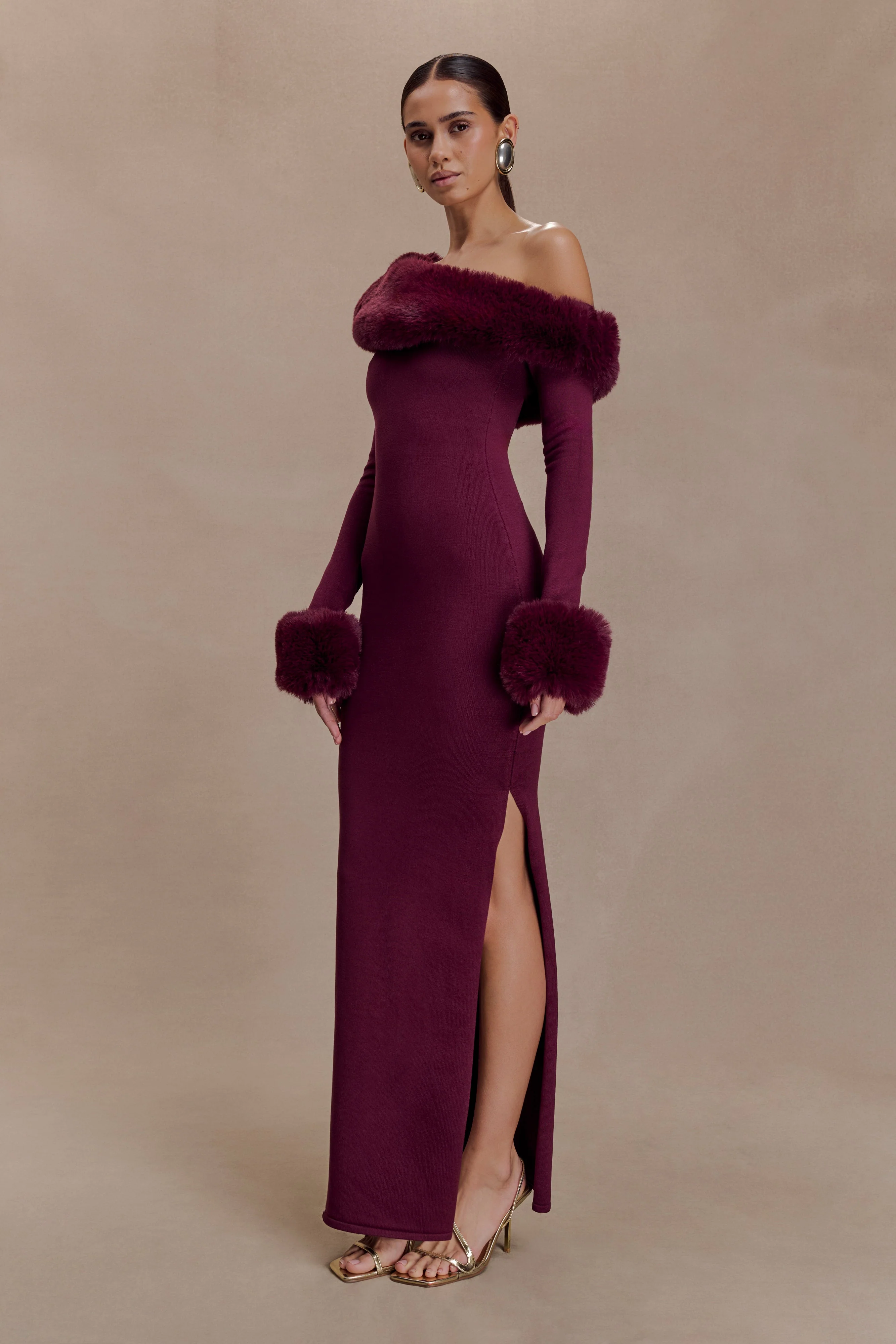 Karleigh Faux Fur Knit Maxi Dress - Plum - Image 4