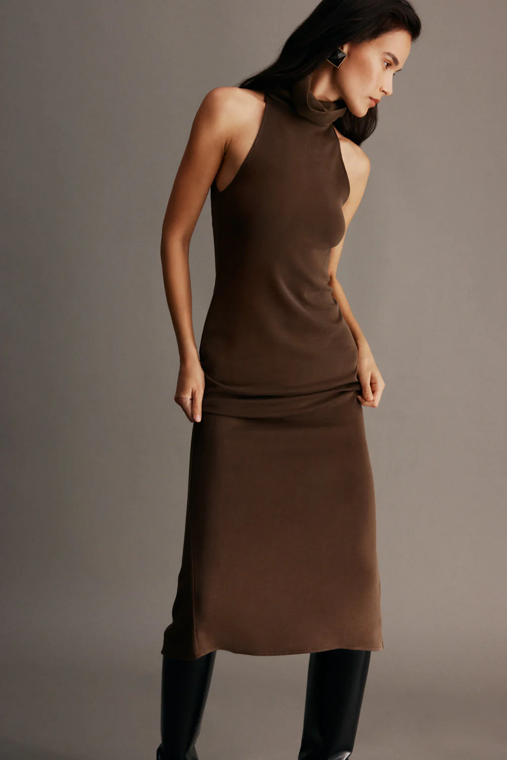 Kennedy High Neck Midi Dress - Chocolate - Image 2