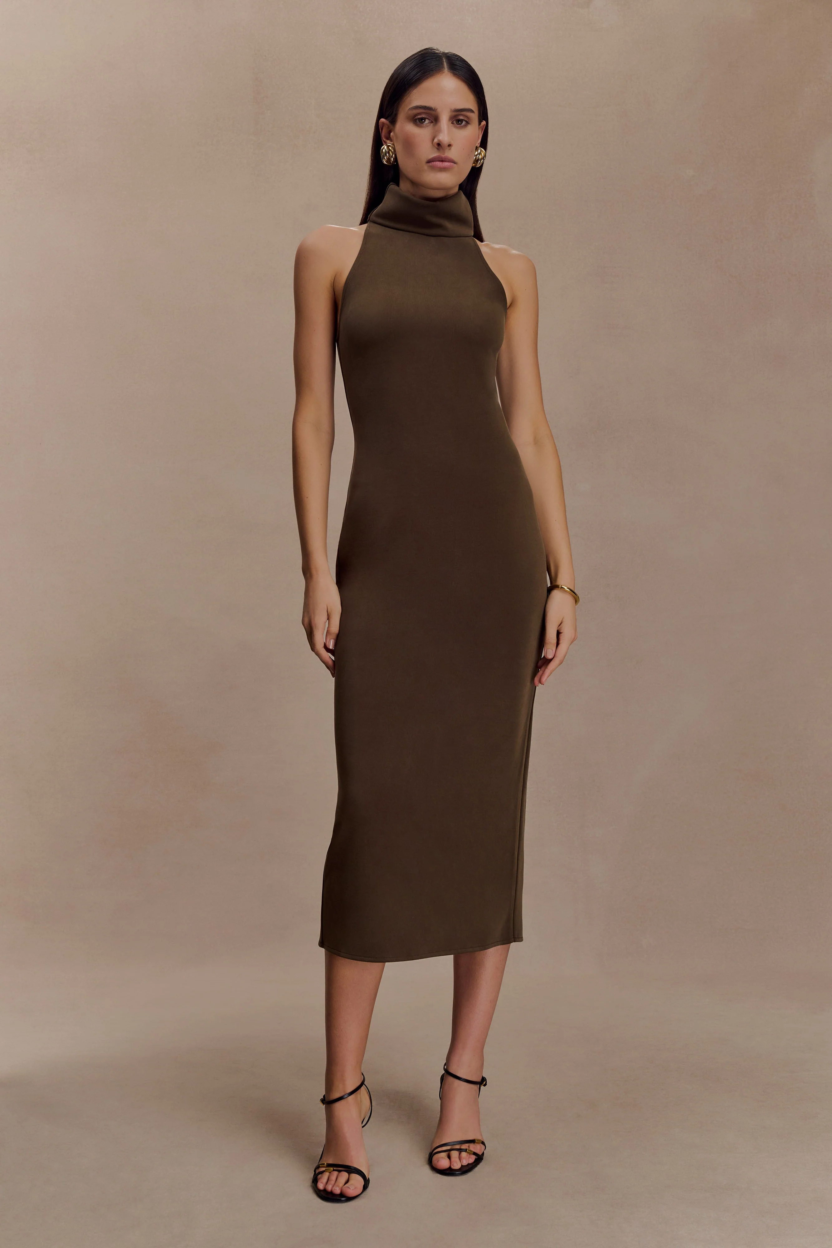 Kennedy High Neck Midi Dress - Chocolate - Image 6