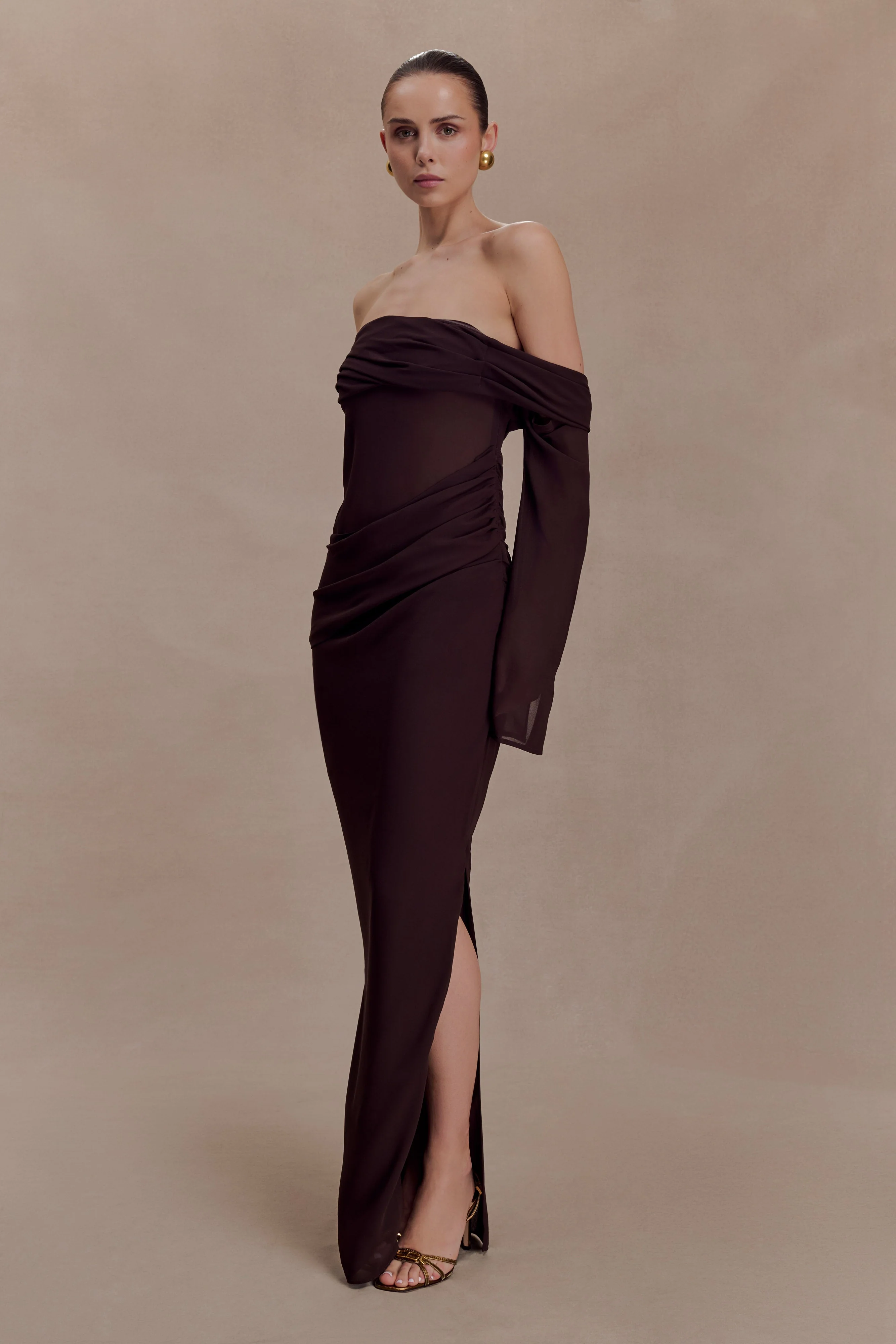 Kirsten Off Shoulder Chiffon Maxi Dress - Cacao Brown - Image 3
