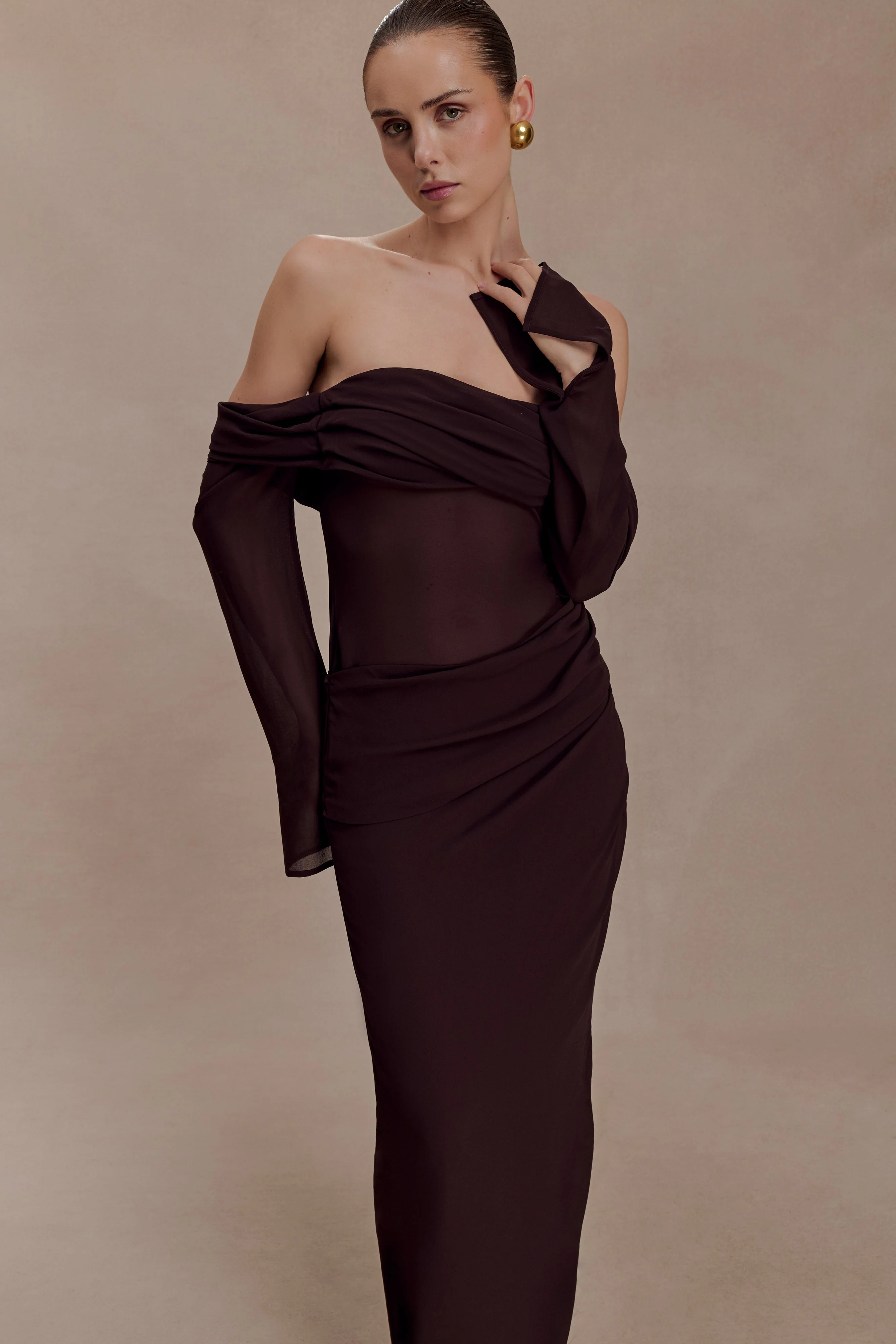 Kirsten Off Shoulder Chiffon Maxi Dress - Cacao Brown - Image 5