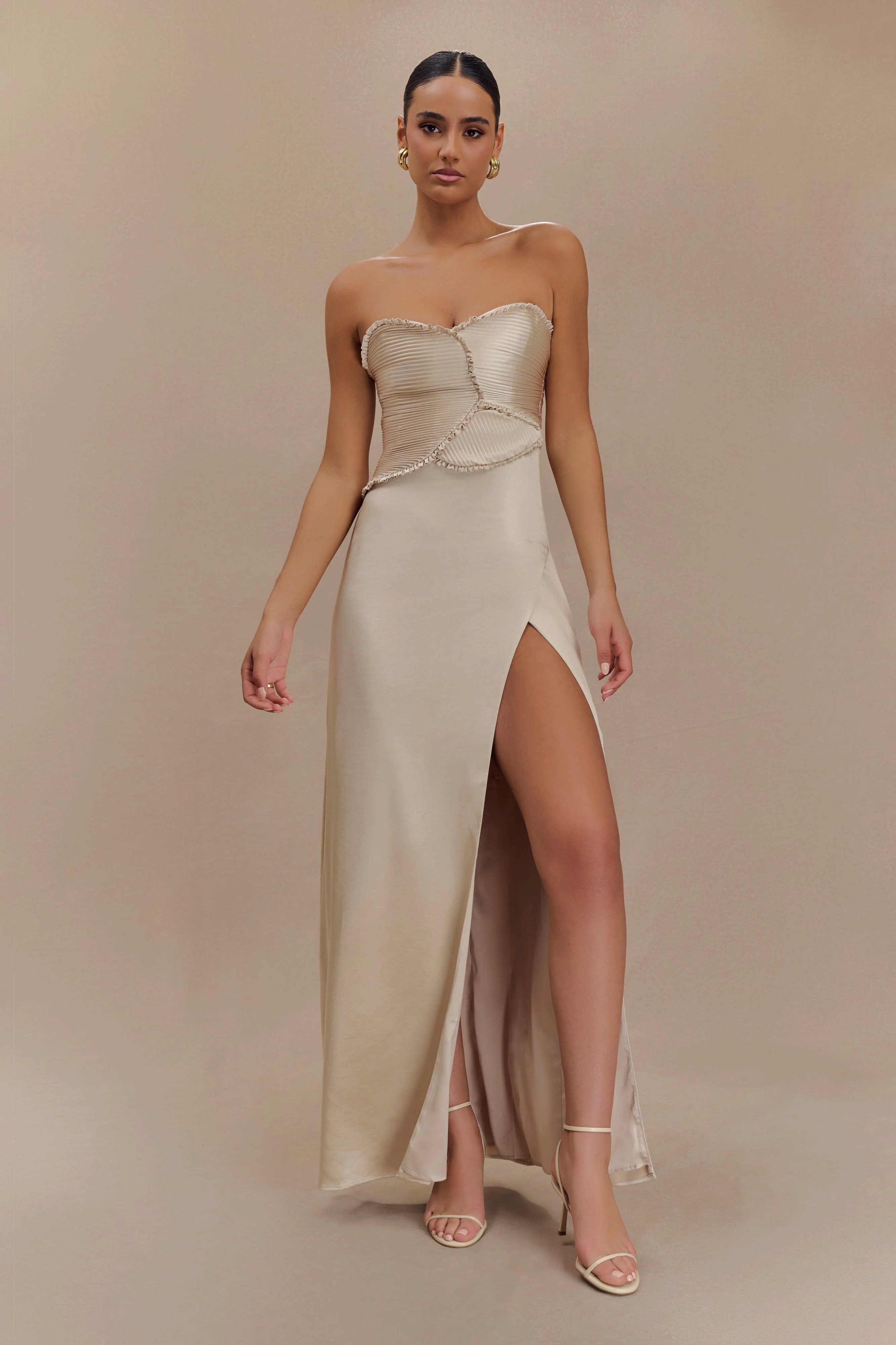 Larissa Satin Maxi Dress With Ruched Petals - Blush Gold - Image 5