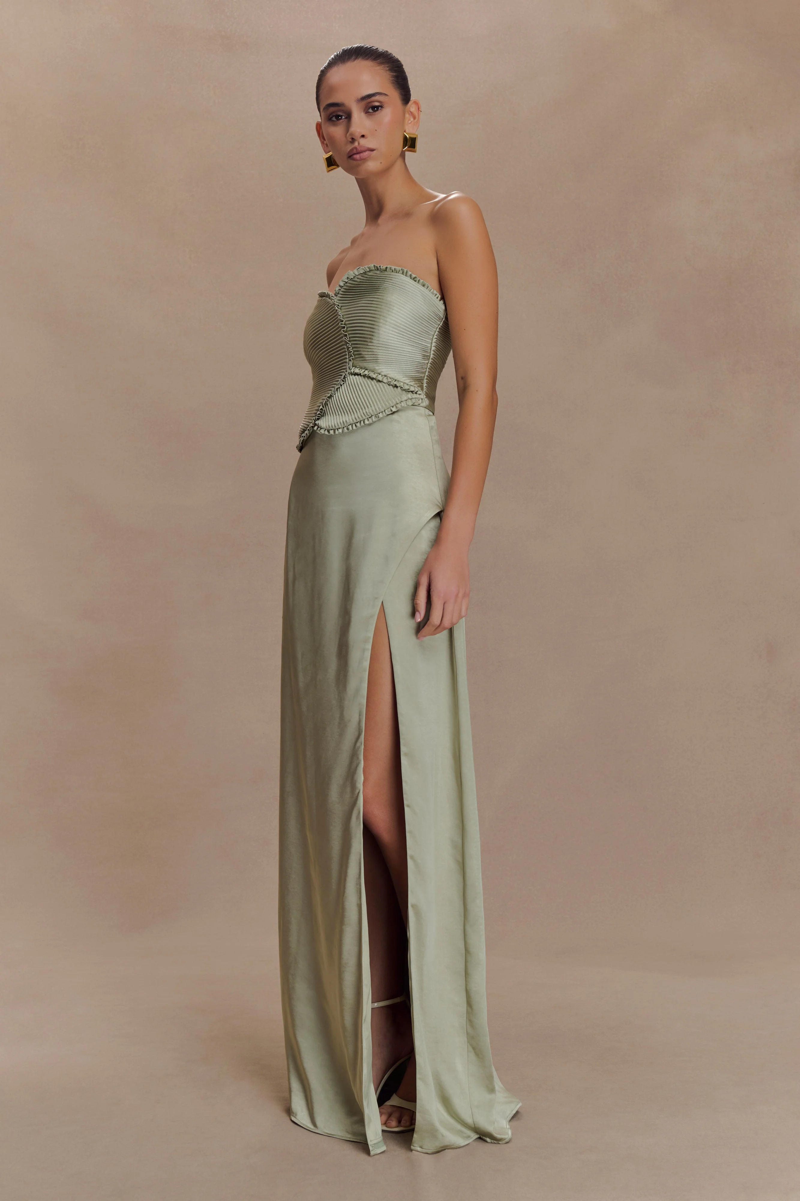 Larissa Satin Maxi Dress With Ruched Petals - Sage - Image 4