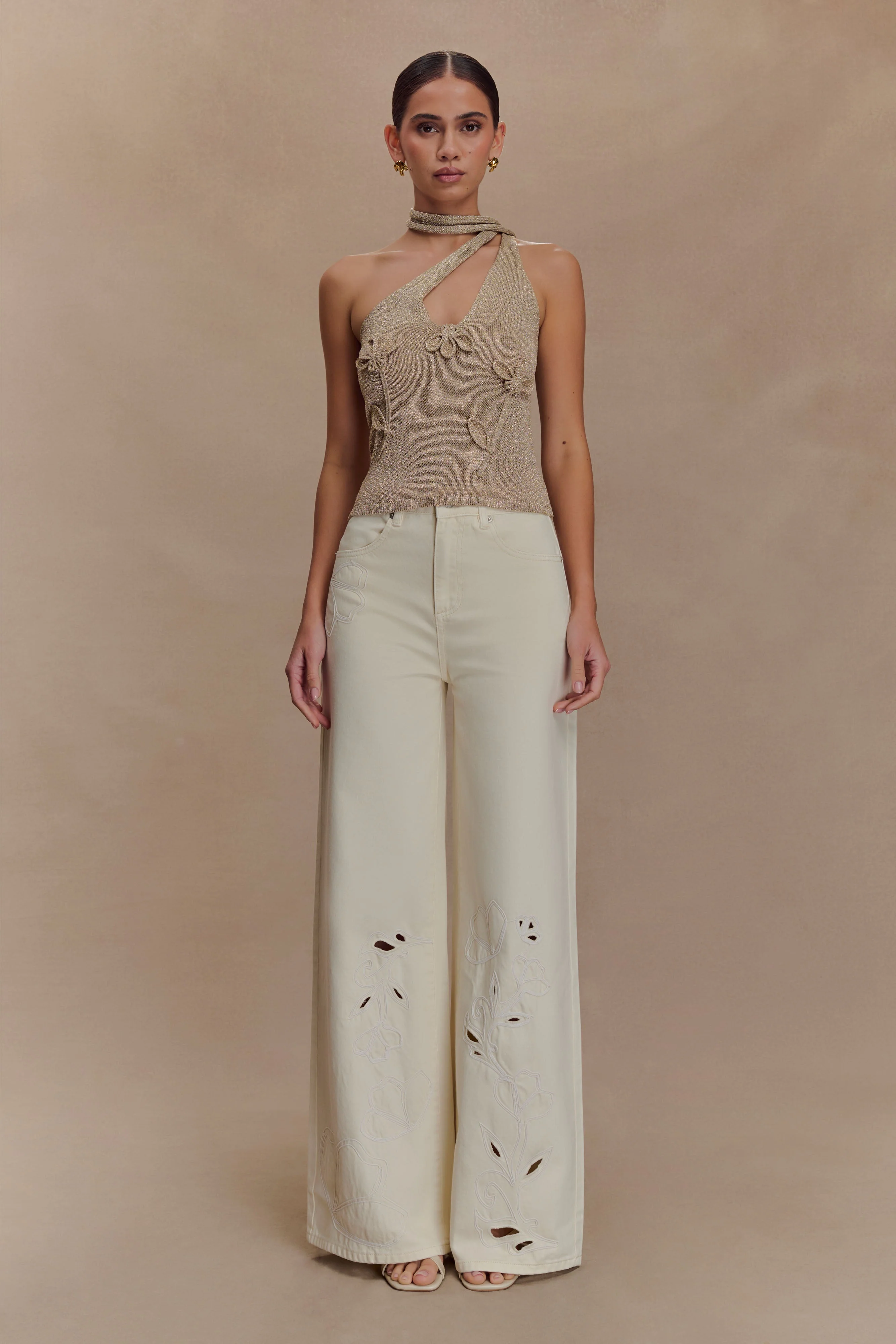 Leone One Shoulder Metallic Knit Top - Gold - Image 4