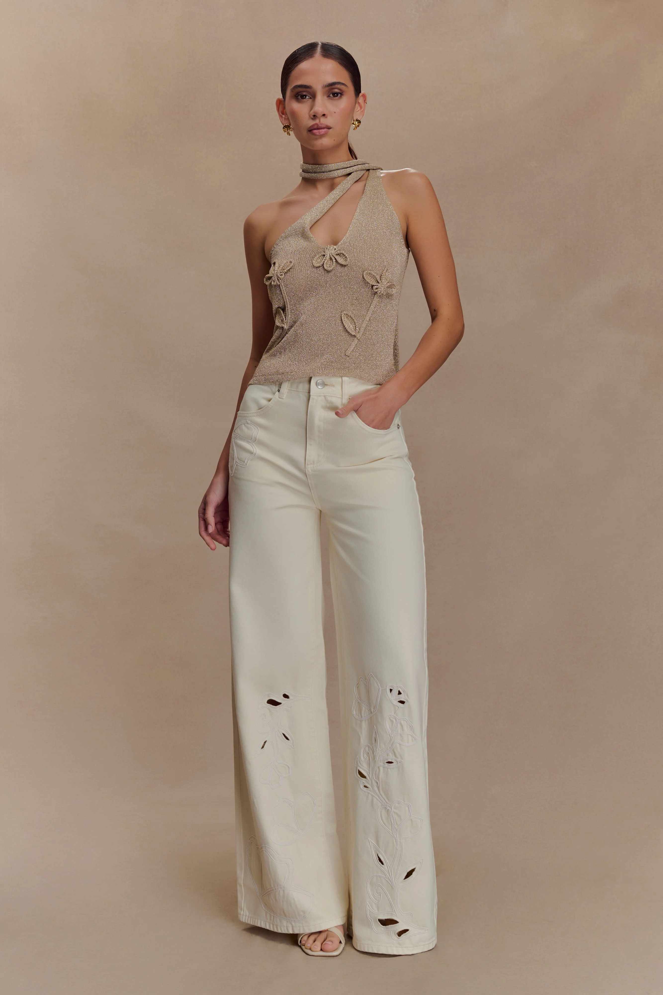 Leone One Shoulder Metallic Knit Top - Gold - Image 6