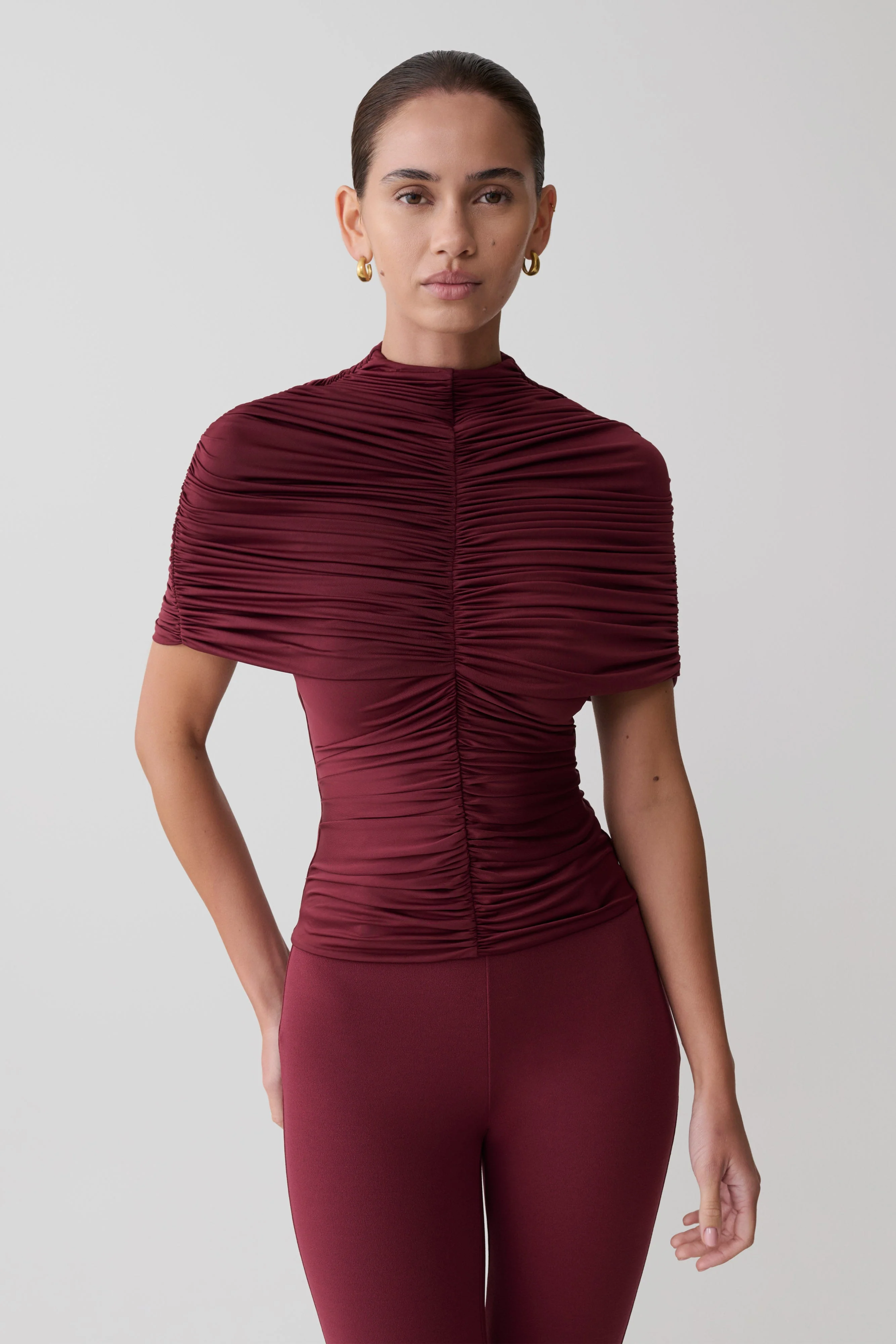 Linh Slinky High Neck Gathered Top - Mahogany - Image 6