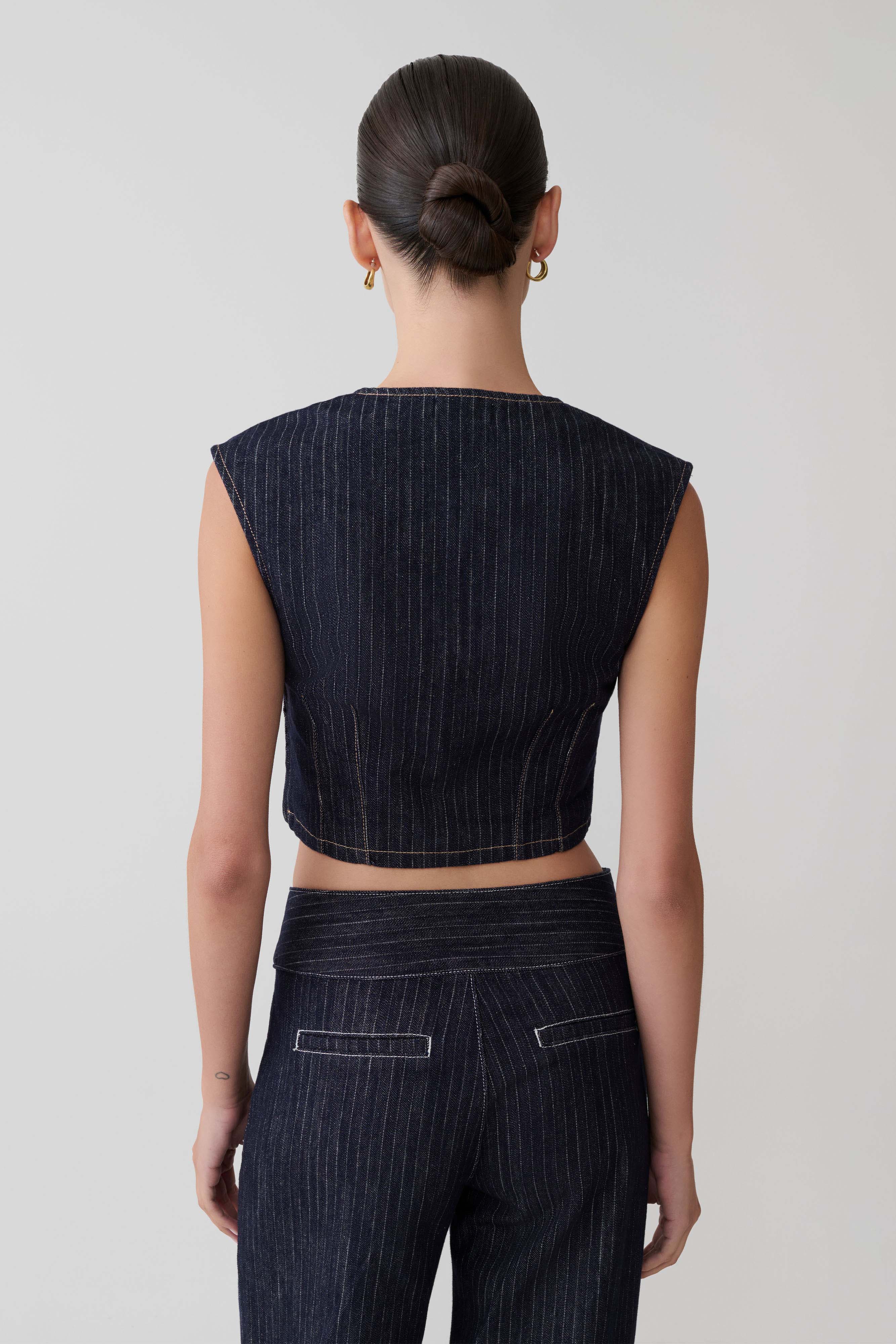 Loraine Sleeveless Denim Top - Indigo Pinstripe - Image 3