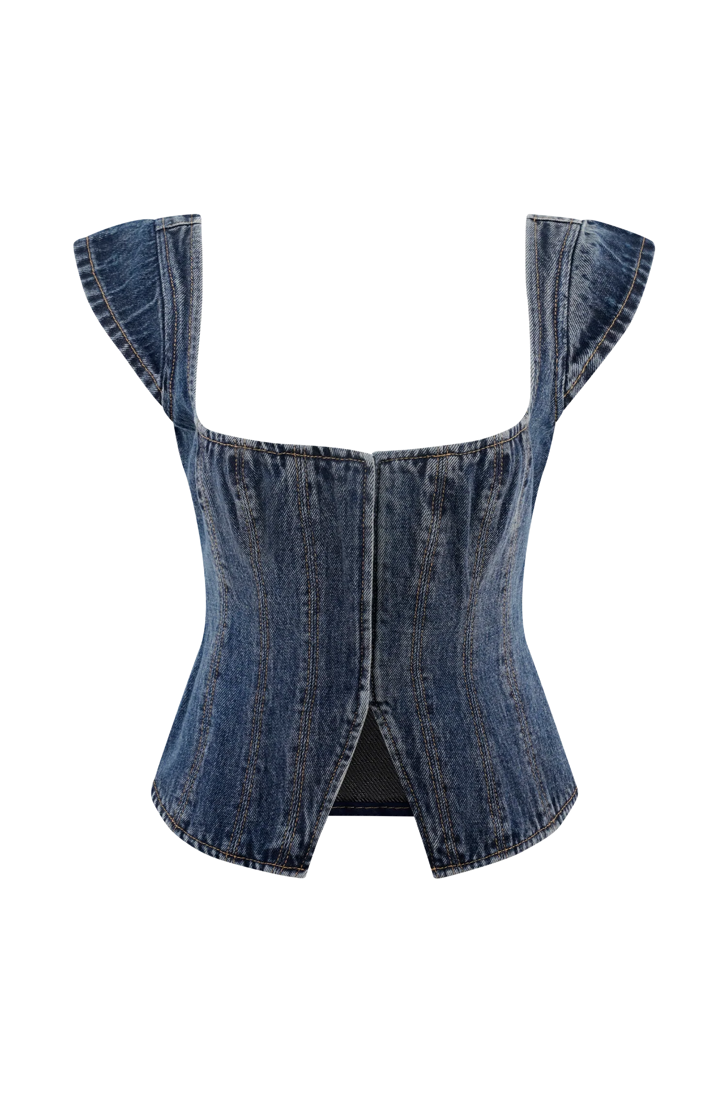 Loretta Cap Sleeve Denim Top - Washed Dark Blue - Image 9