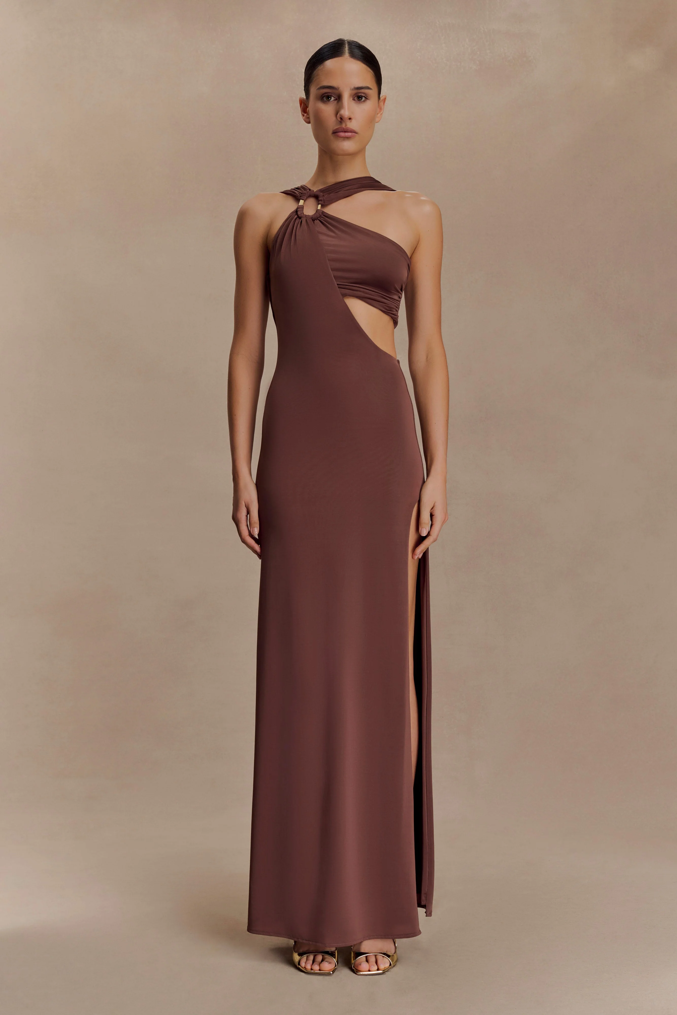Lottie Slinky Maxi Dress With Split - Chocolate - Image 2