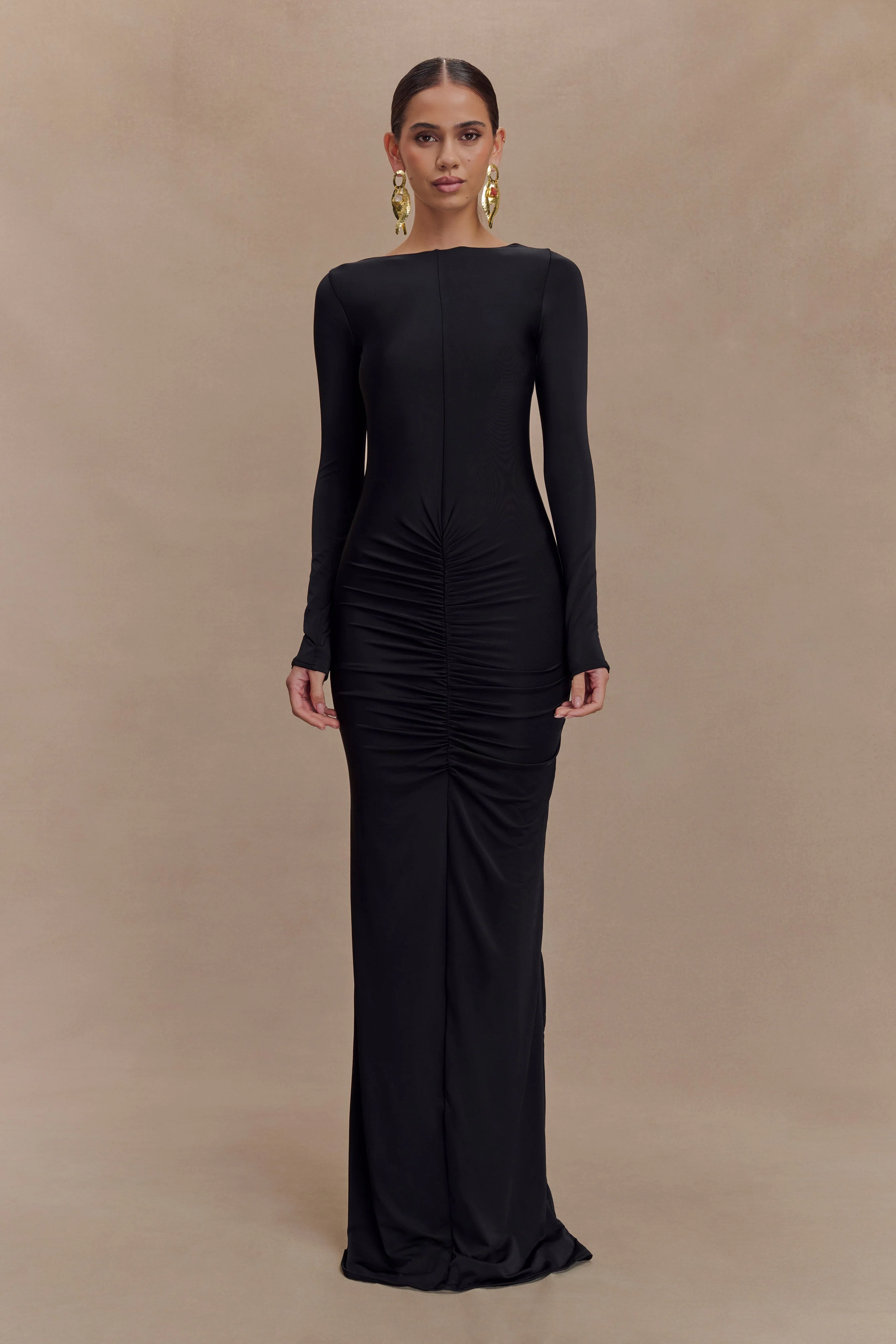 Louisa Long Sleeve Slinky Maxi Dress - Black - Image 2