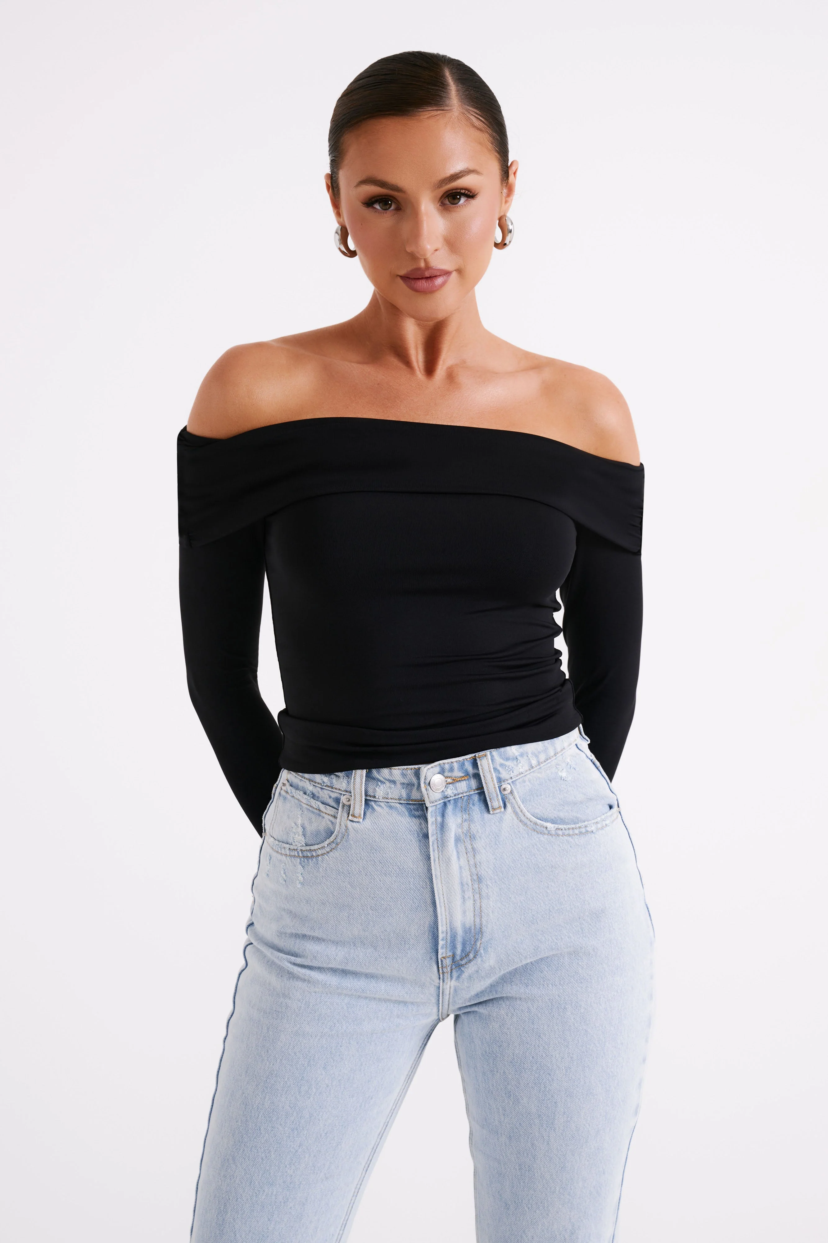 Lucinda Recycled Nylon Off Shoulder Top - Black - Image 5