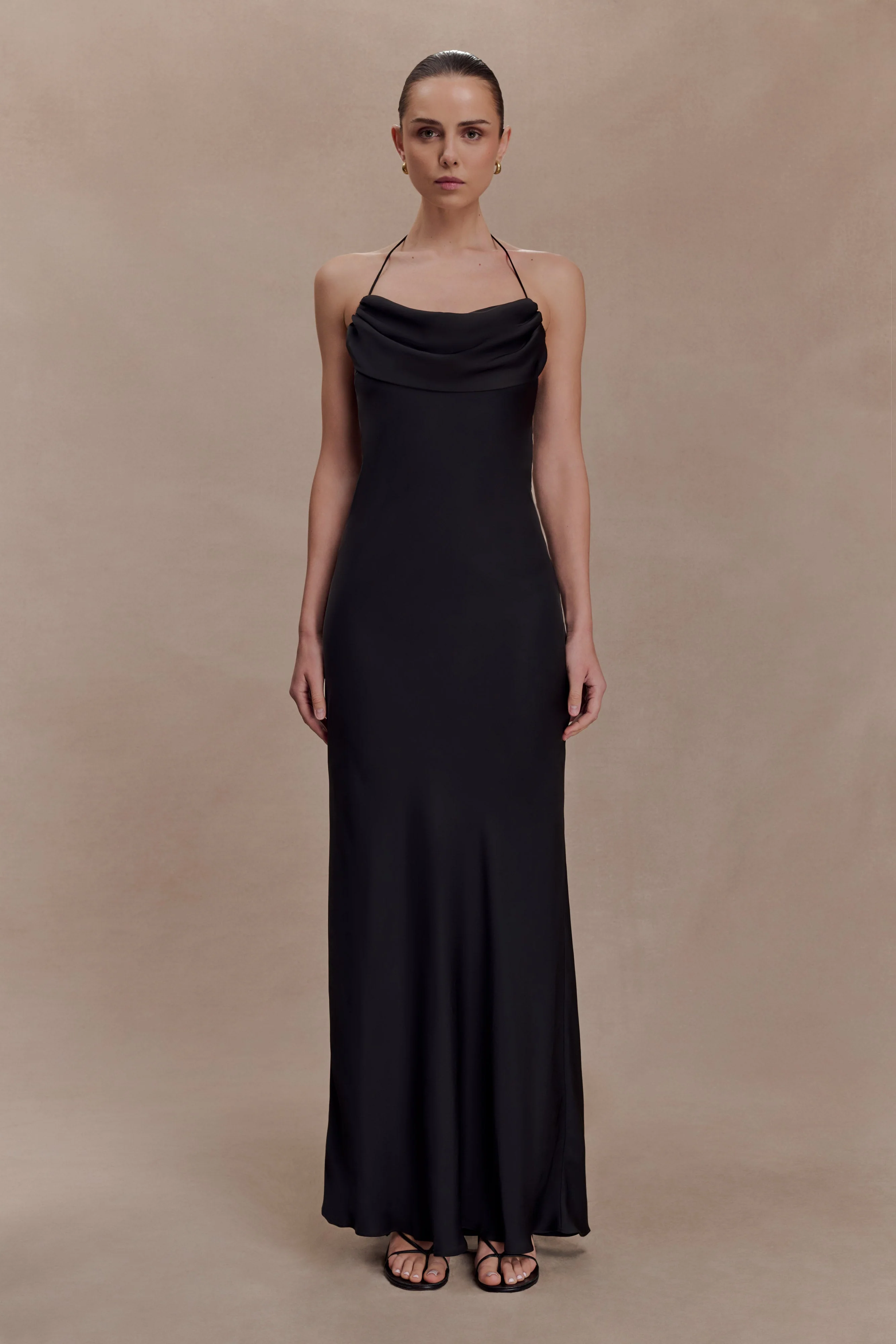 Lydia Cowl Neck Satin Maxi Dress - Black - Image 3