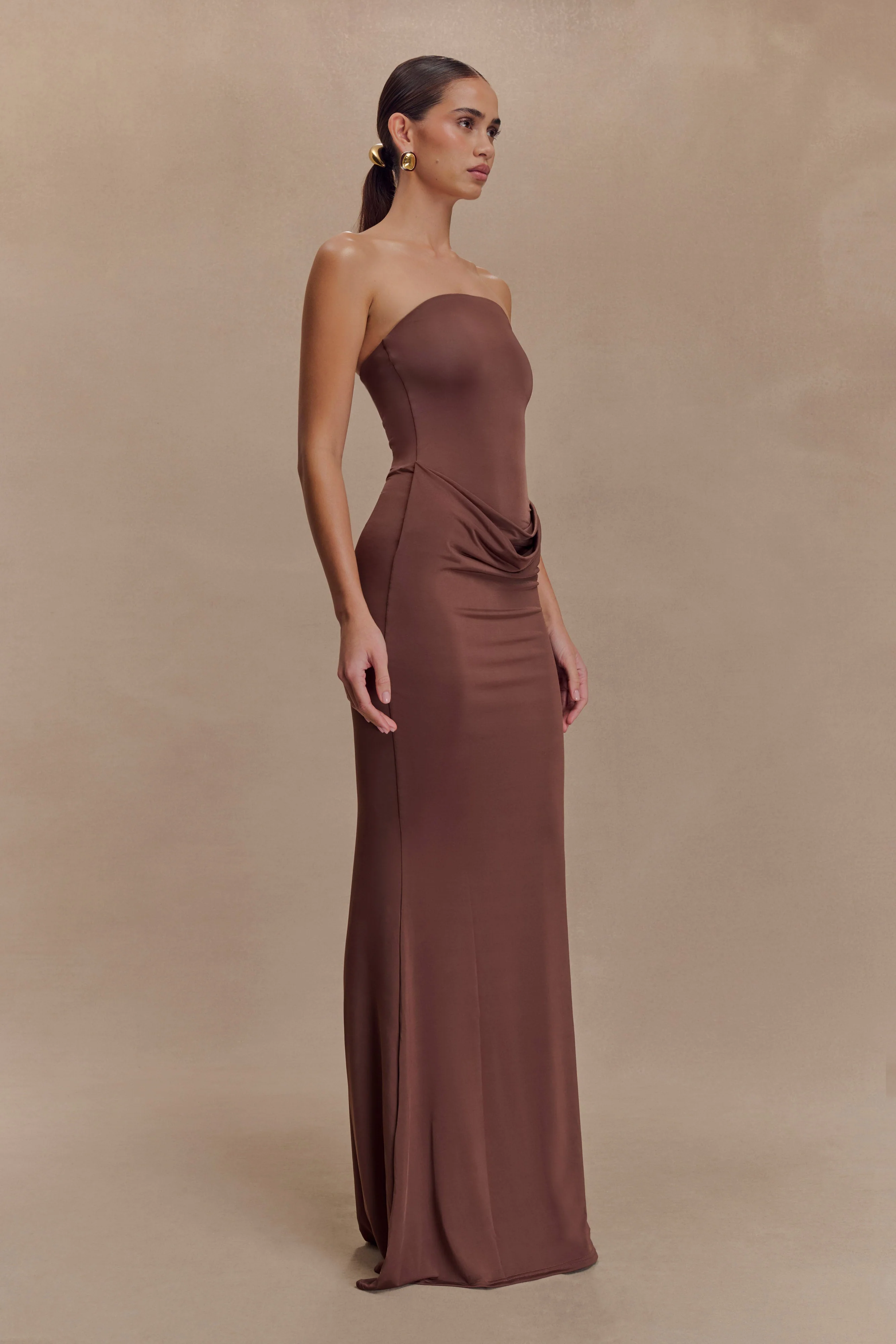 Madison Strapless Slinky Maxi Dress - Chocolate - Image 5