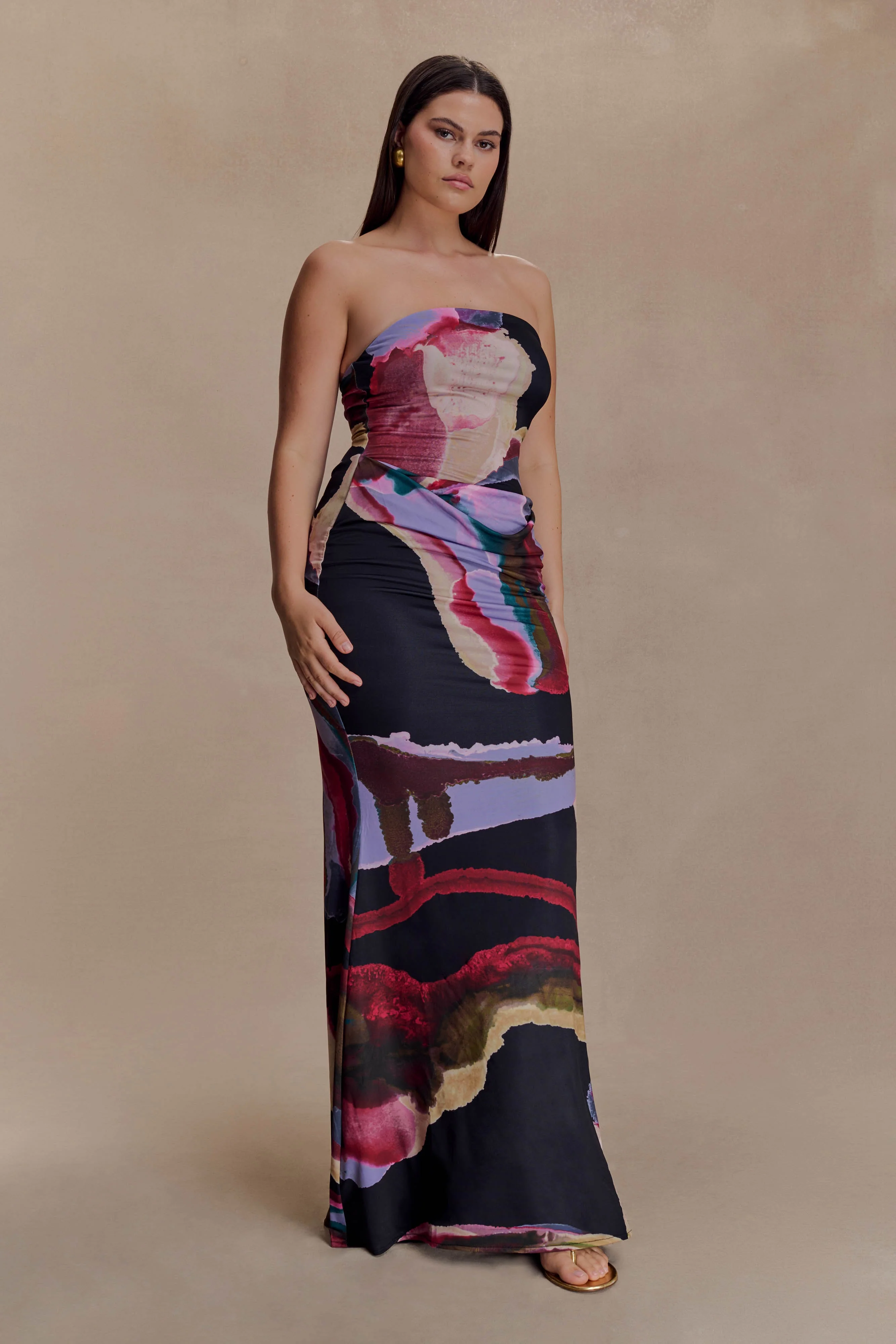 Madison Strapless Slinky Maxi Dress - Multi Fluid Reverie Print - Image 7
