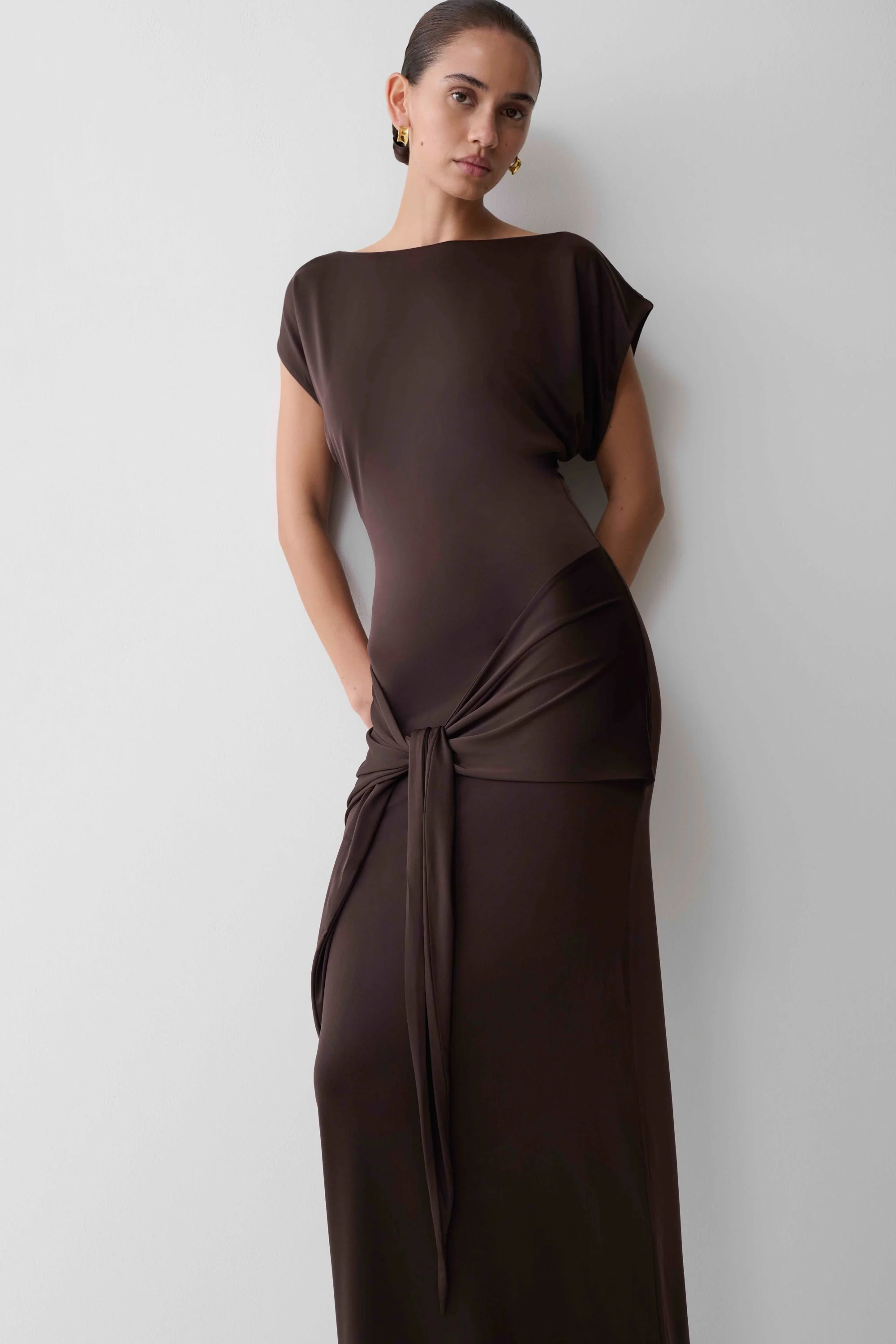 Maiara Shortsleeve Slinky Tie Maxi Dress - Chocolate - Image 5