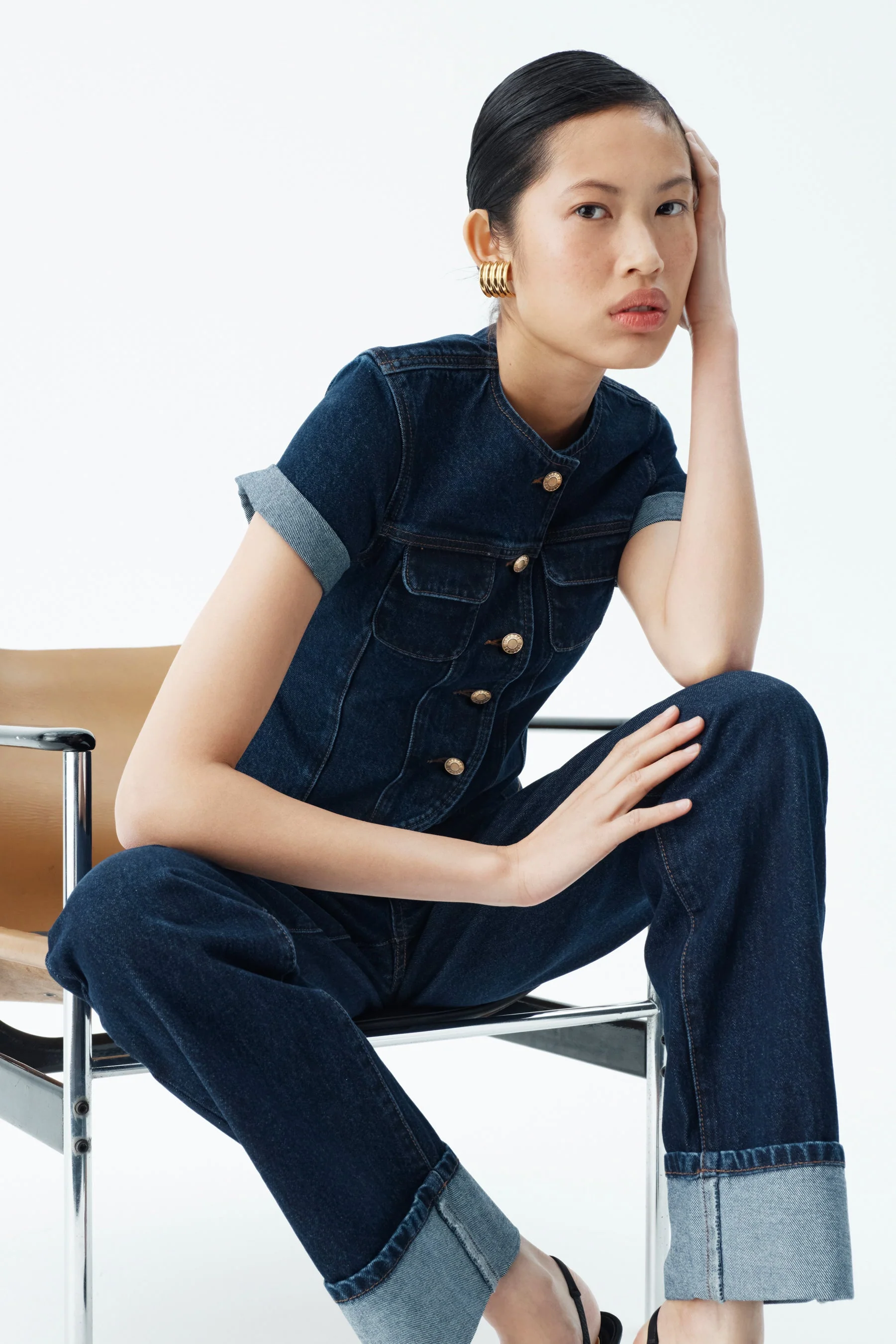 Marge Fitted Denim Short Sleeve Top - Indigo Blue - Image 2