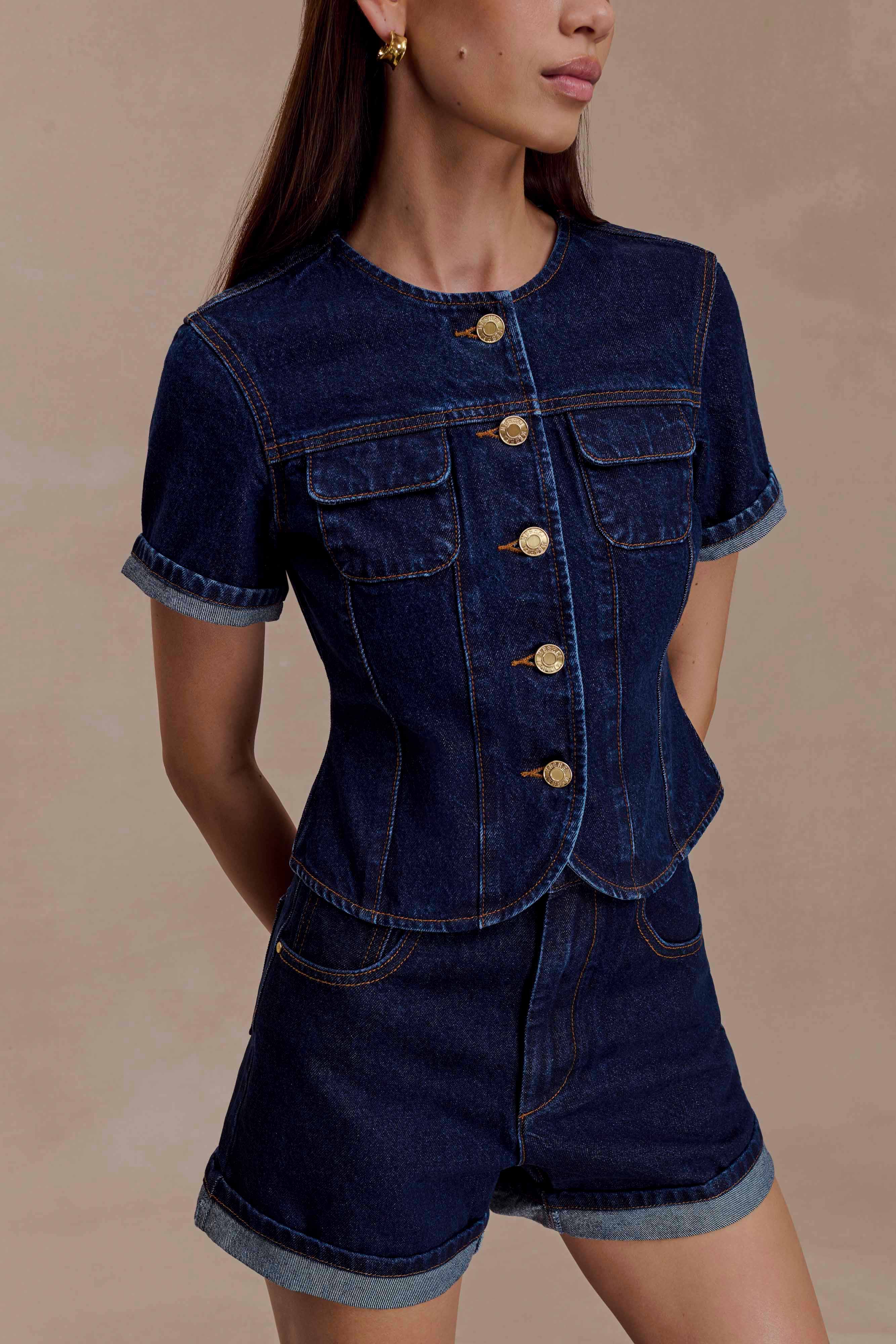 Marge Fitted Denim Short Sleeve Top - Indigo Blue - Image 3