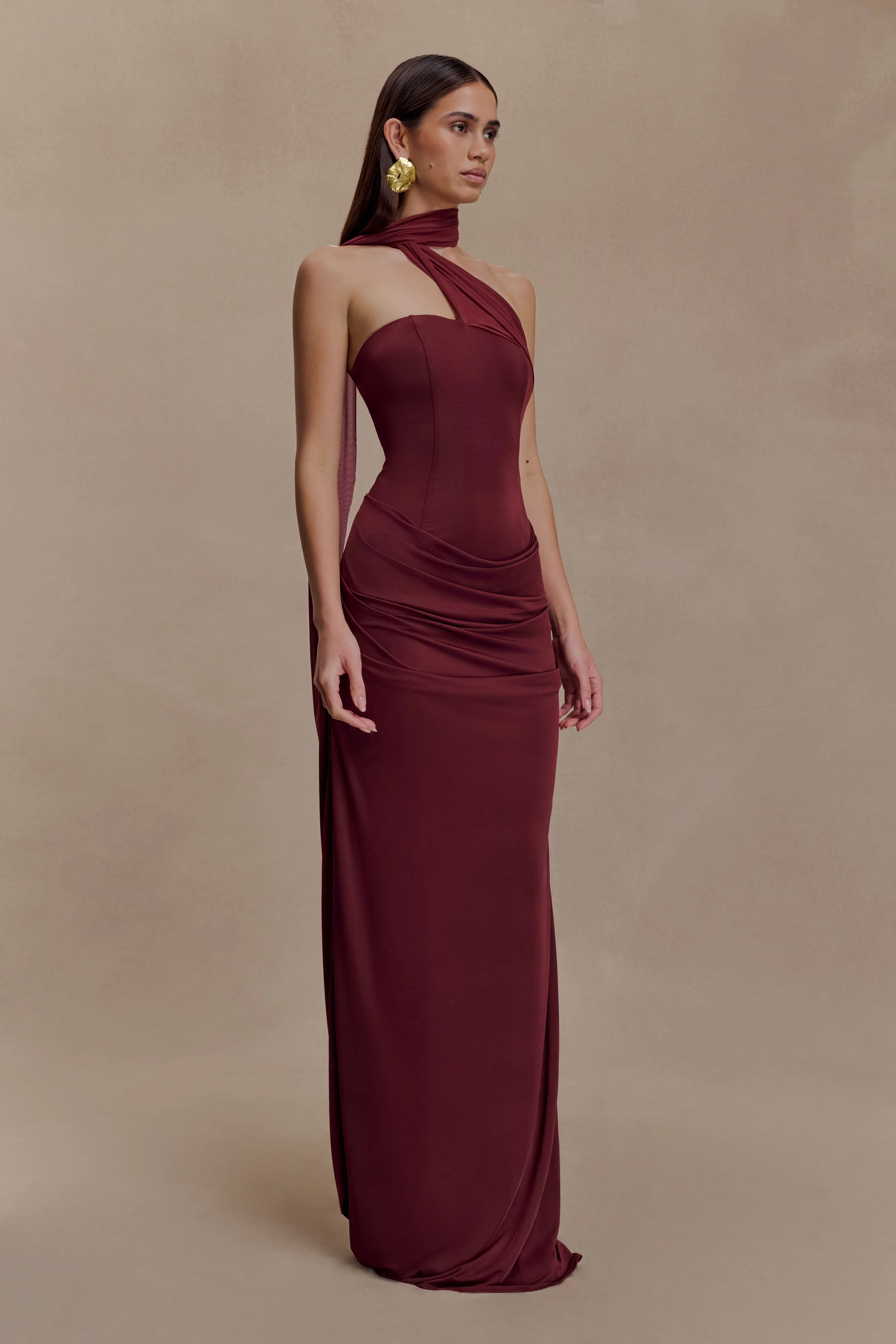 Mattea Slinky And Mesh Maxi Dress With Scarf - Burgundy - Image 3
