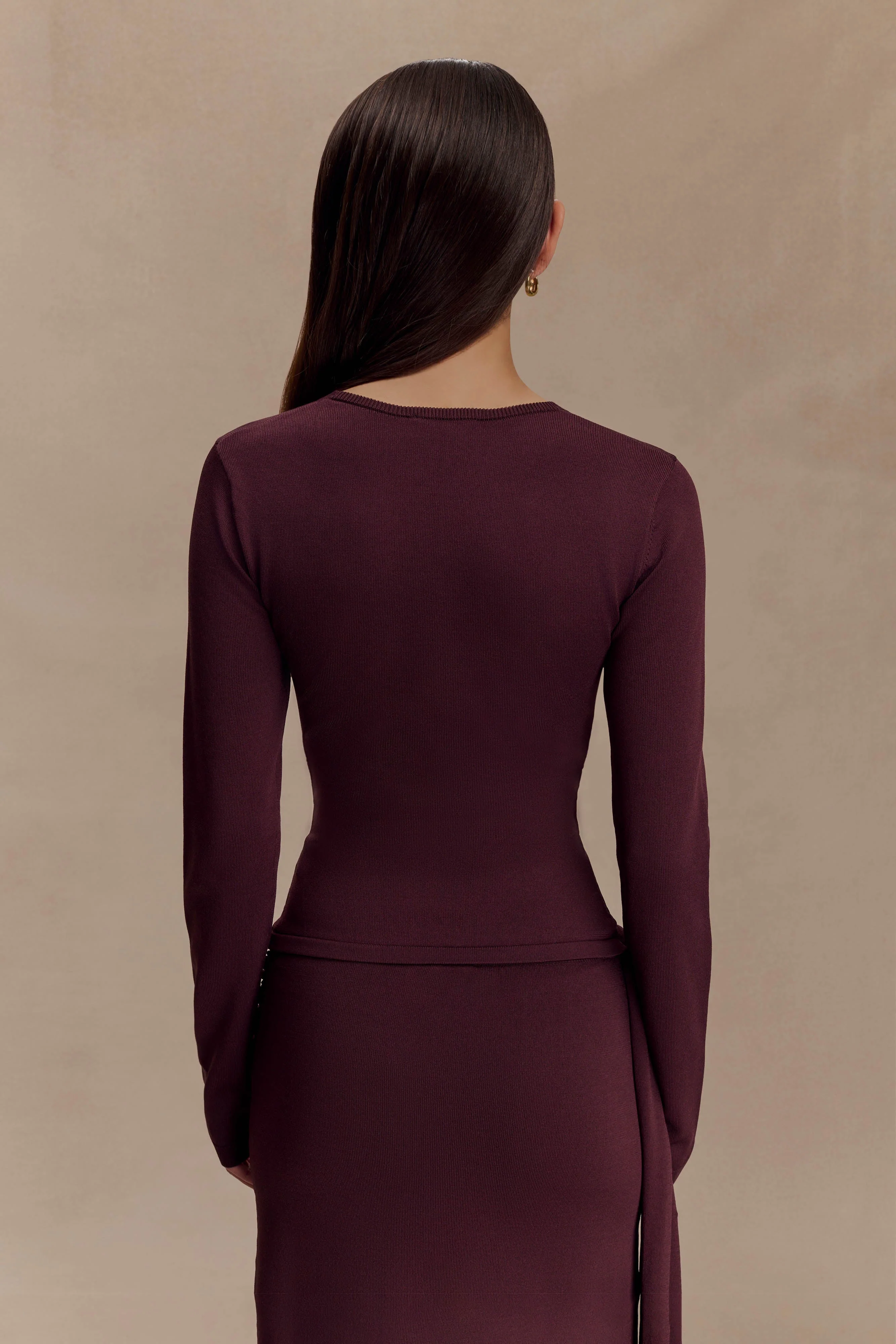 Miraby Front Ruched Knit Long Sleeve Top - Dark Chocolate - Image 3