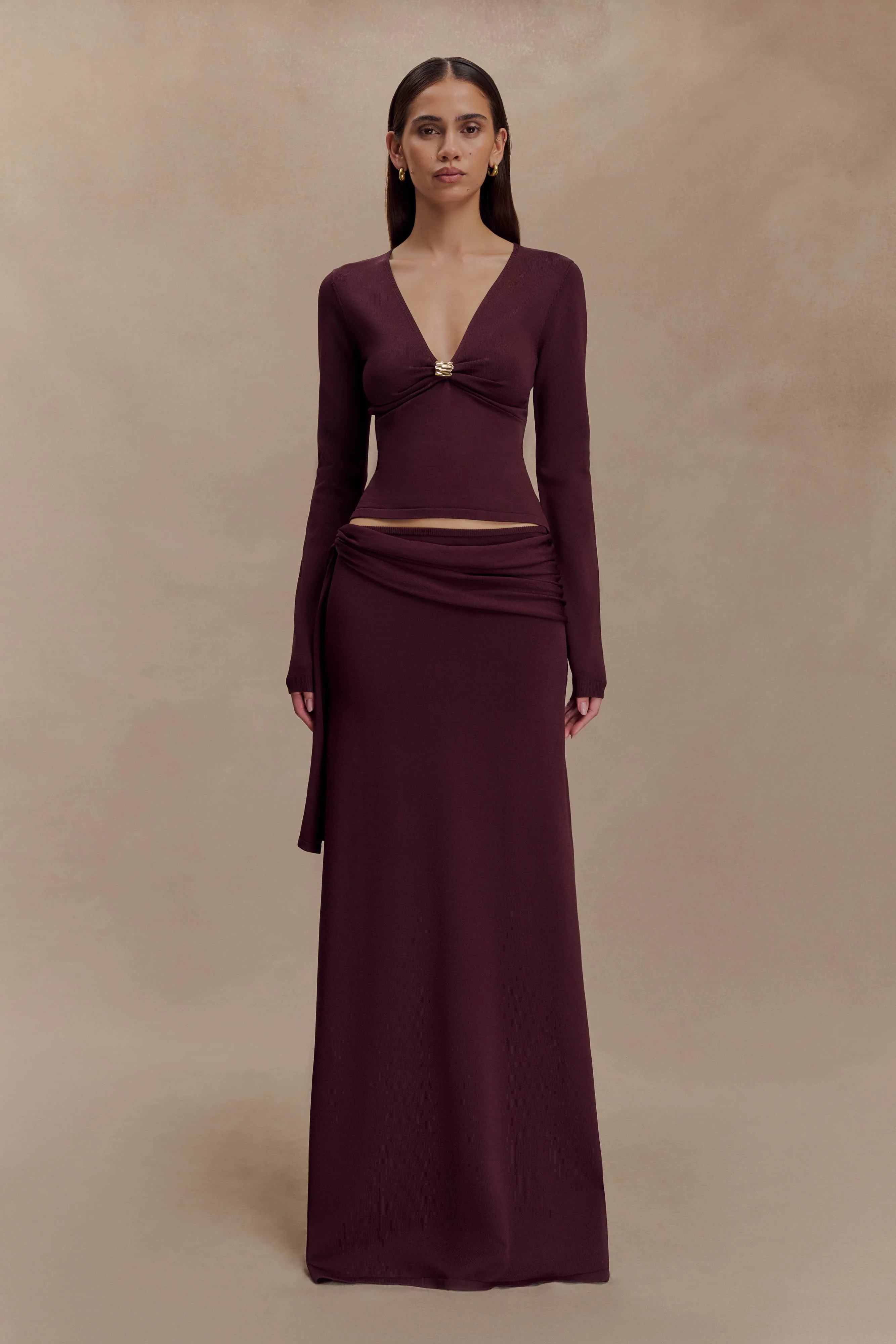 Miraby Front Ruched Knit Long Sleeve Top - Dark Chocolate - Image 6