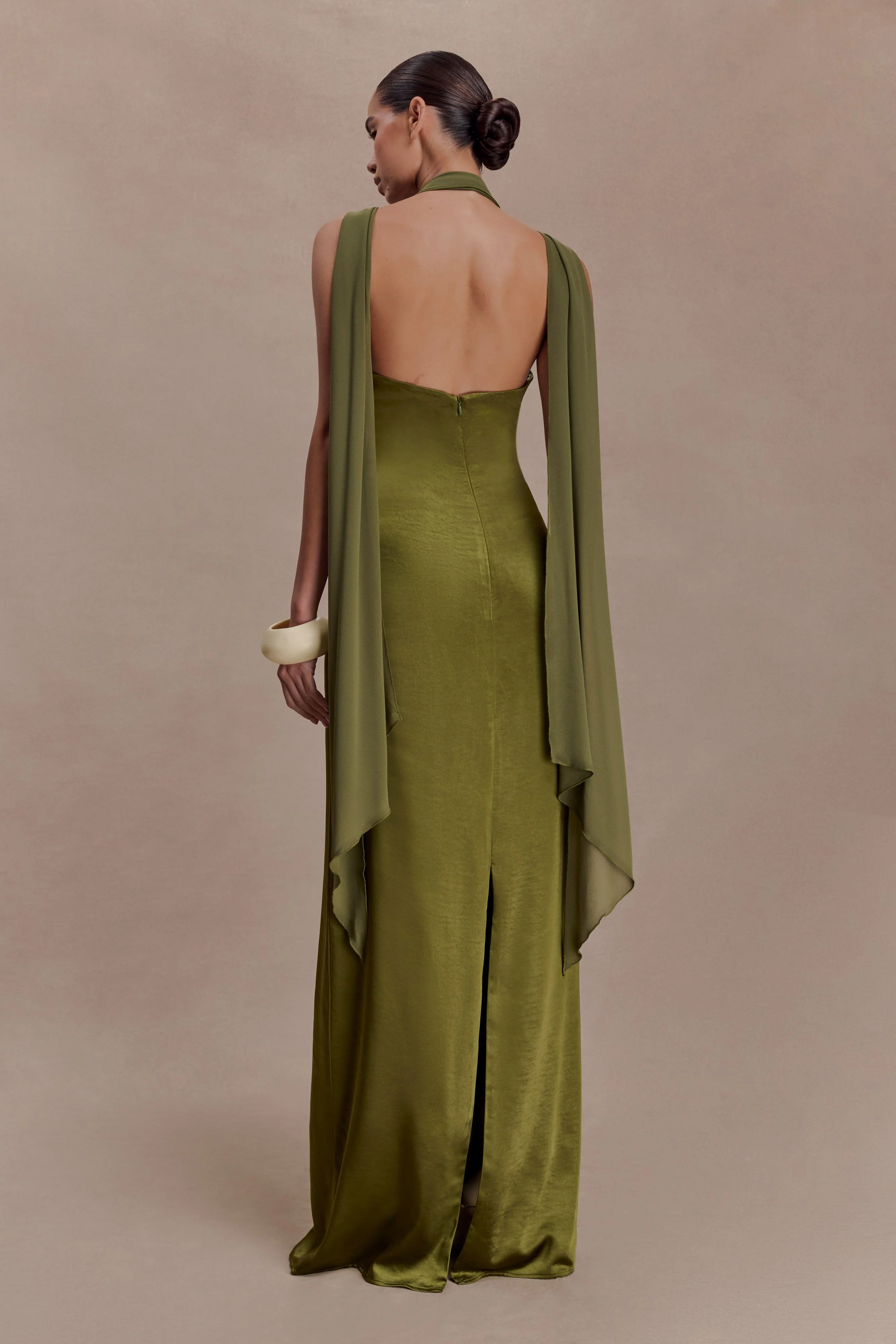 Myla Draped Shoulders Satin Maxi Dress - Khaki - Image 2