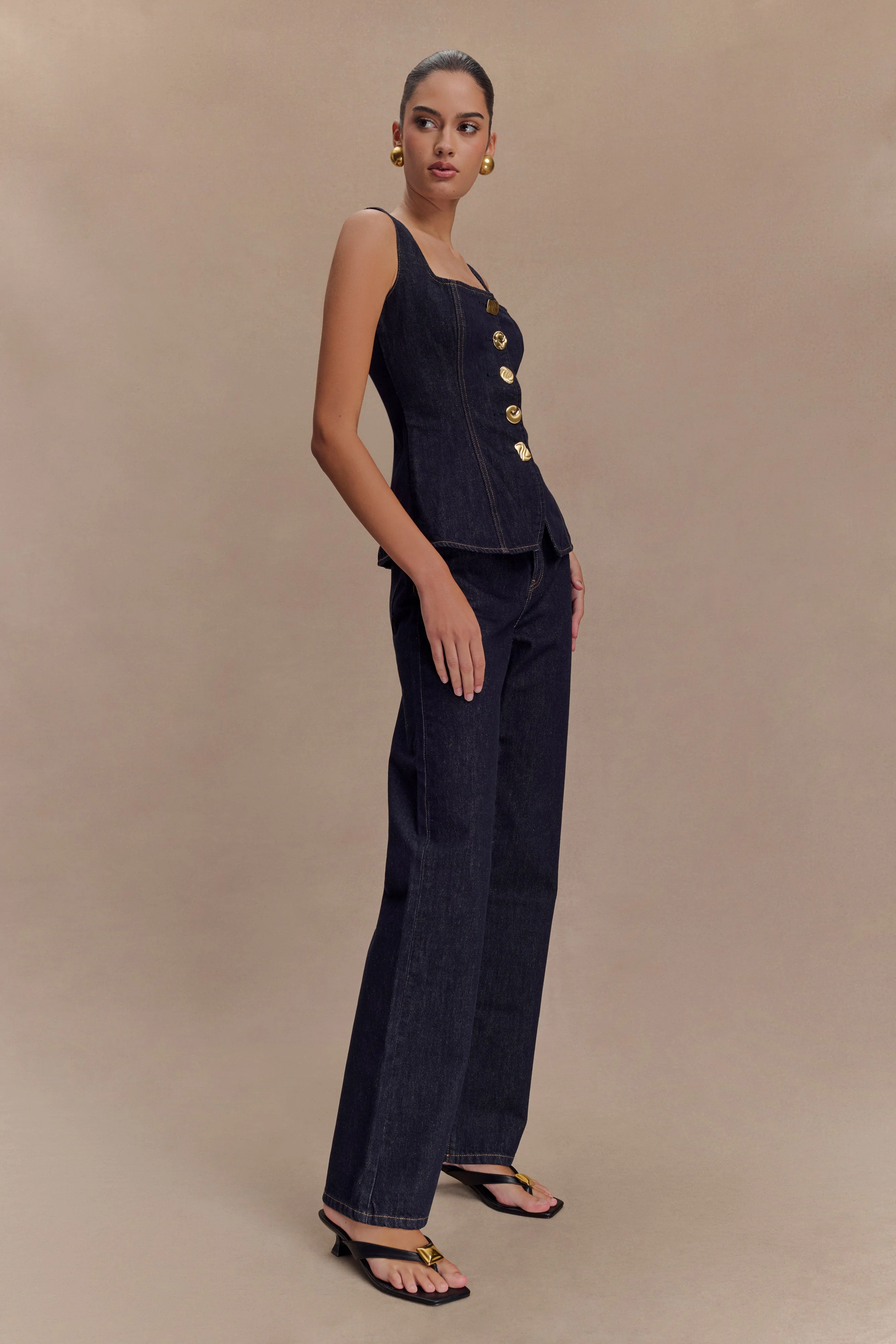 Neve Sleeveless Buttoned Denim Top - Washed Indigo Blue - Image 5