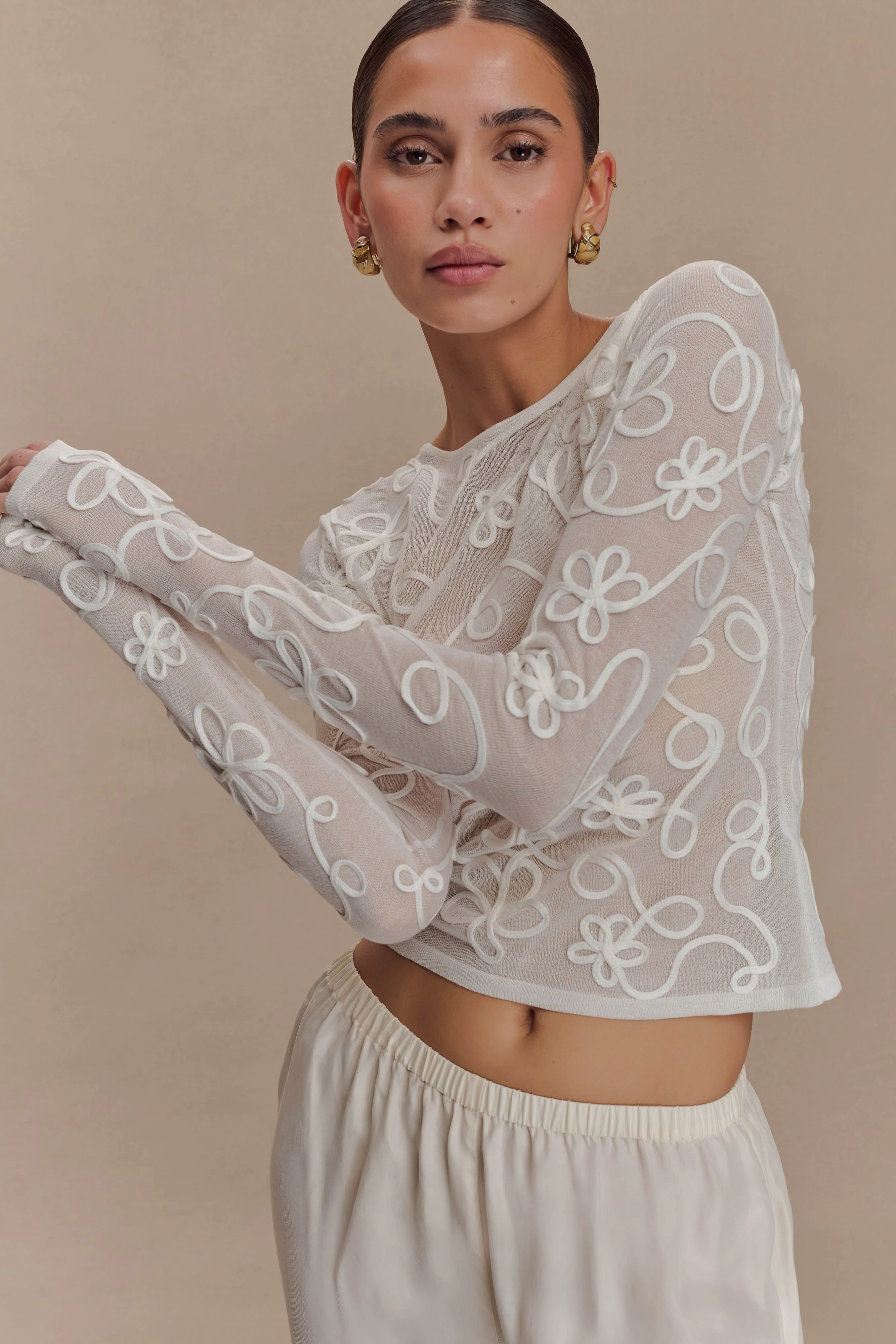 Omari Embroidery Long Sleeve Knit Top - Ivory - Image 3