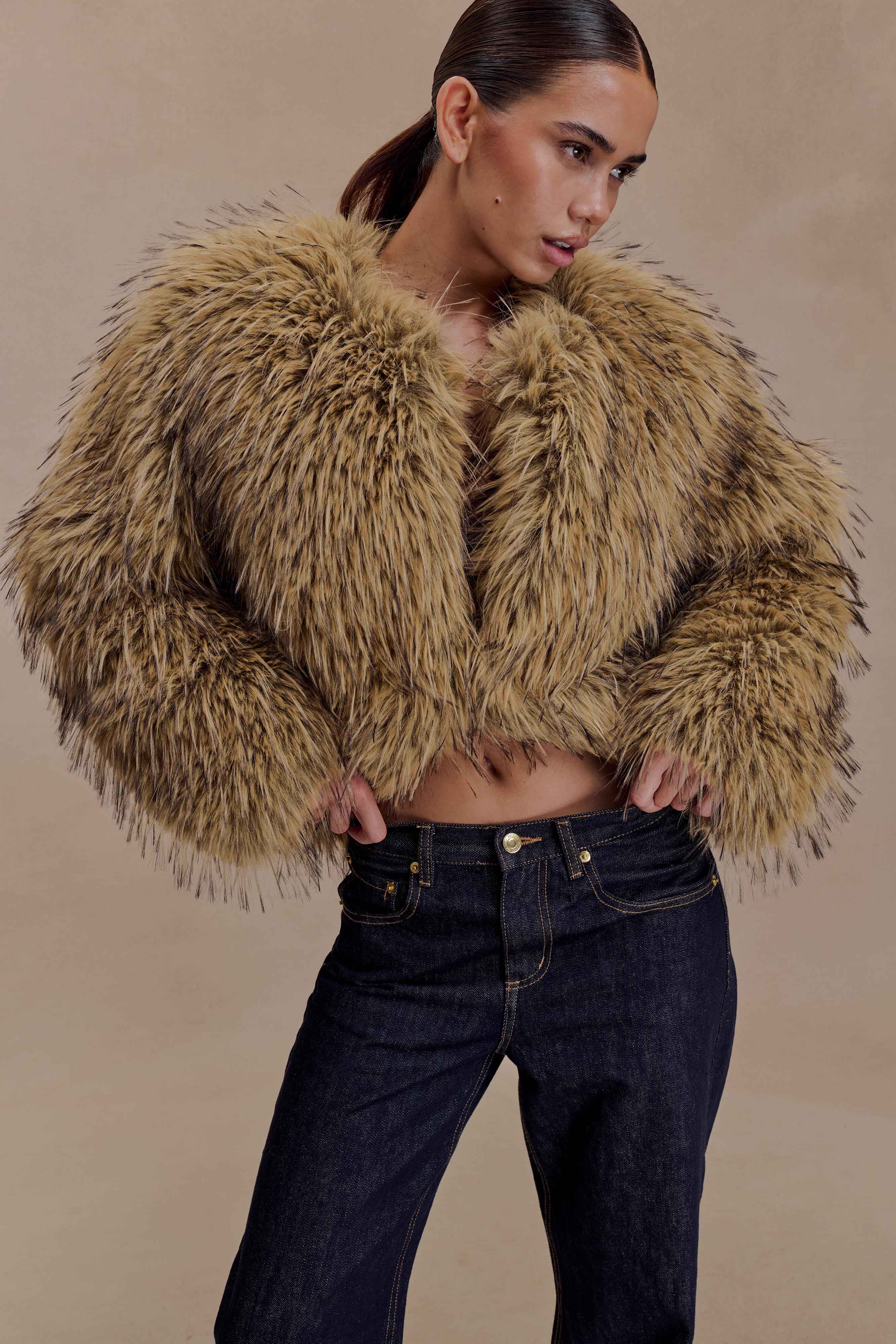 Ottie Mongolian Faux Fur Cropped Jacket - Brown Multi - Image 2