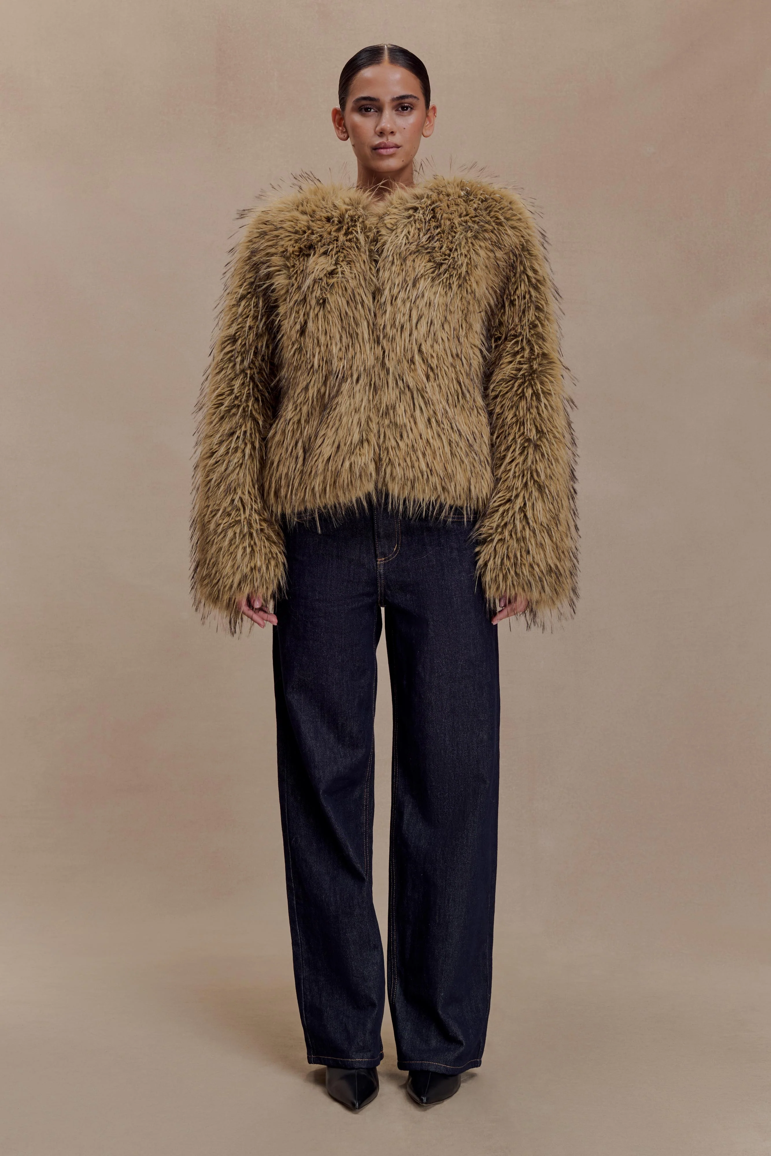 Ottie Mongolian Faux Fur Cropped Jacket - Brown Multi - Image 3