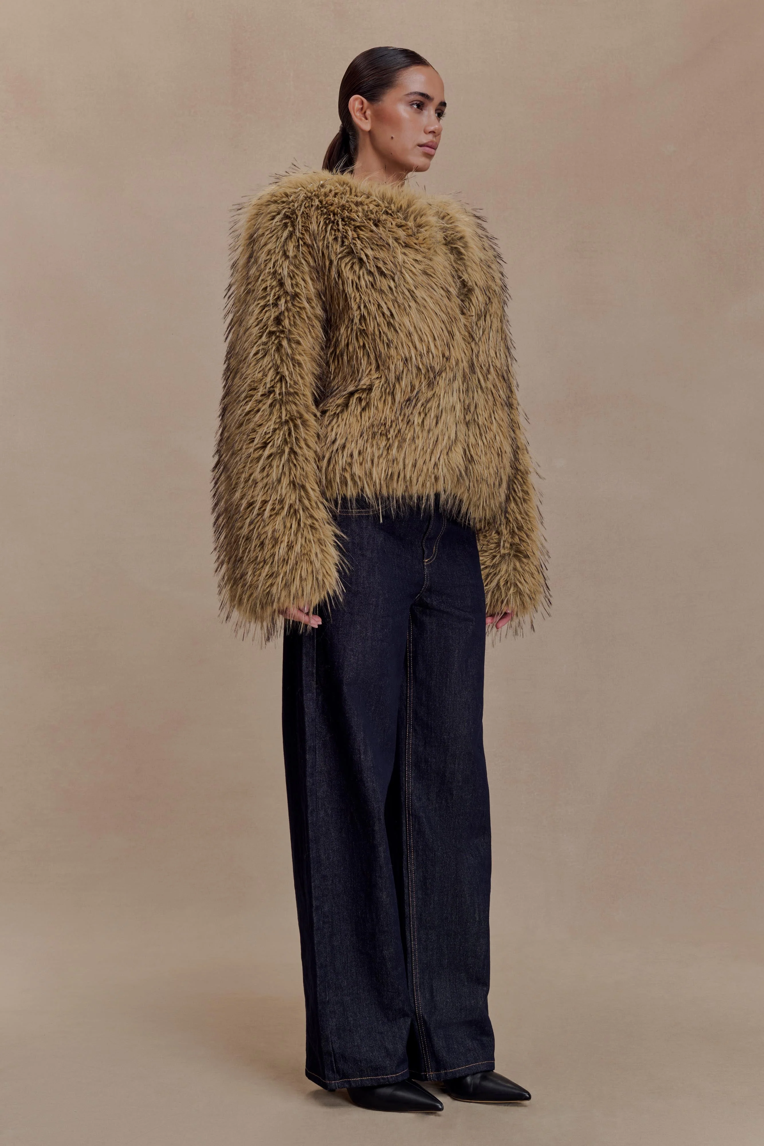 Ottie Mongolian Faux Fur Cropped Jacket - Brown Multi - Image 4