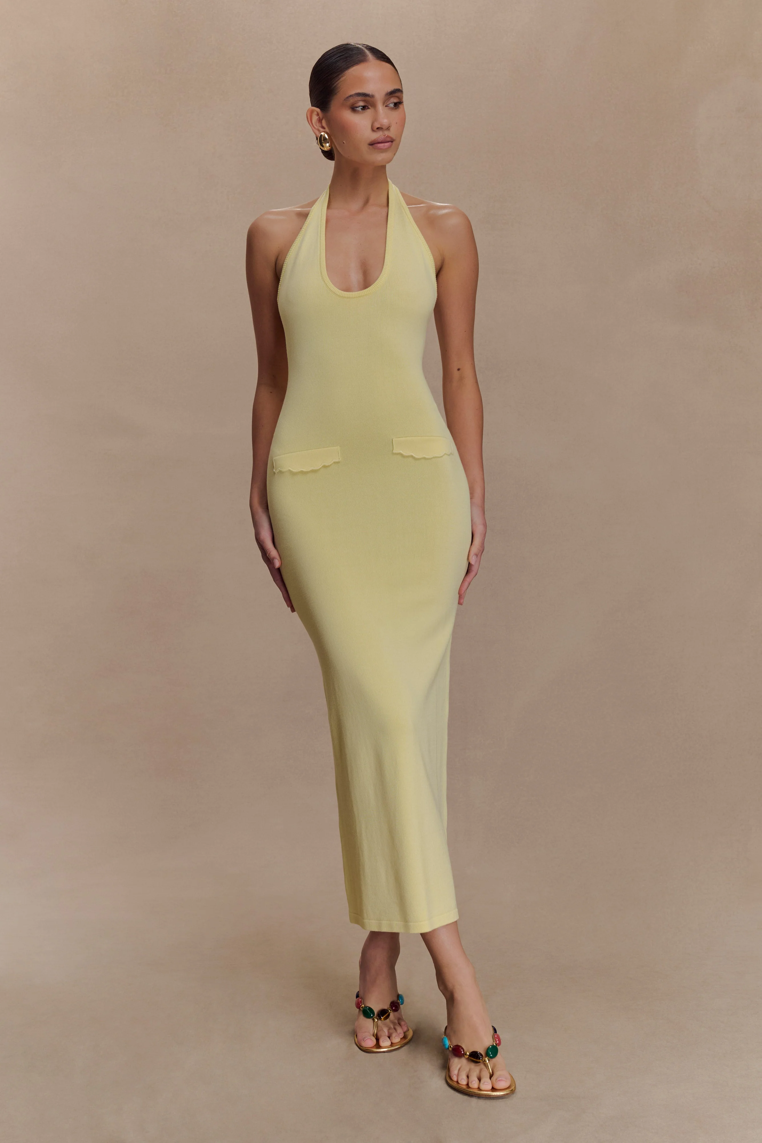 Ovina Halter Neck Knit Midi Dress - Lemon - Image 5
