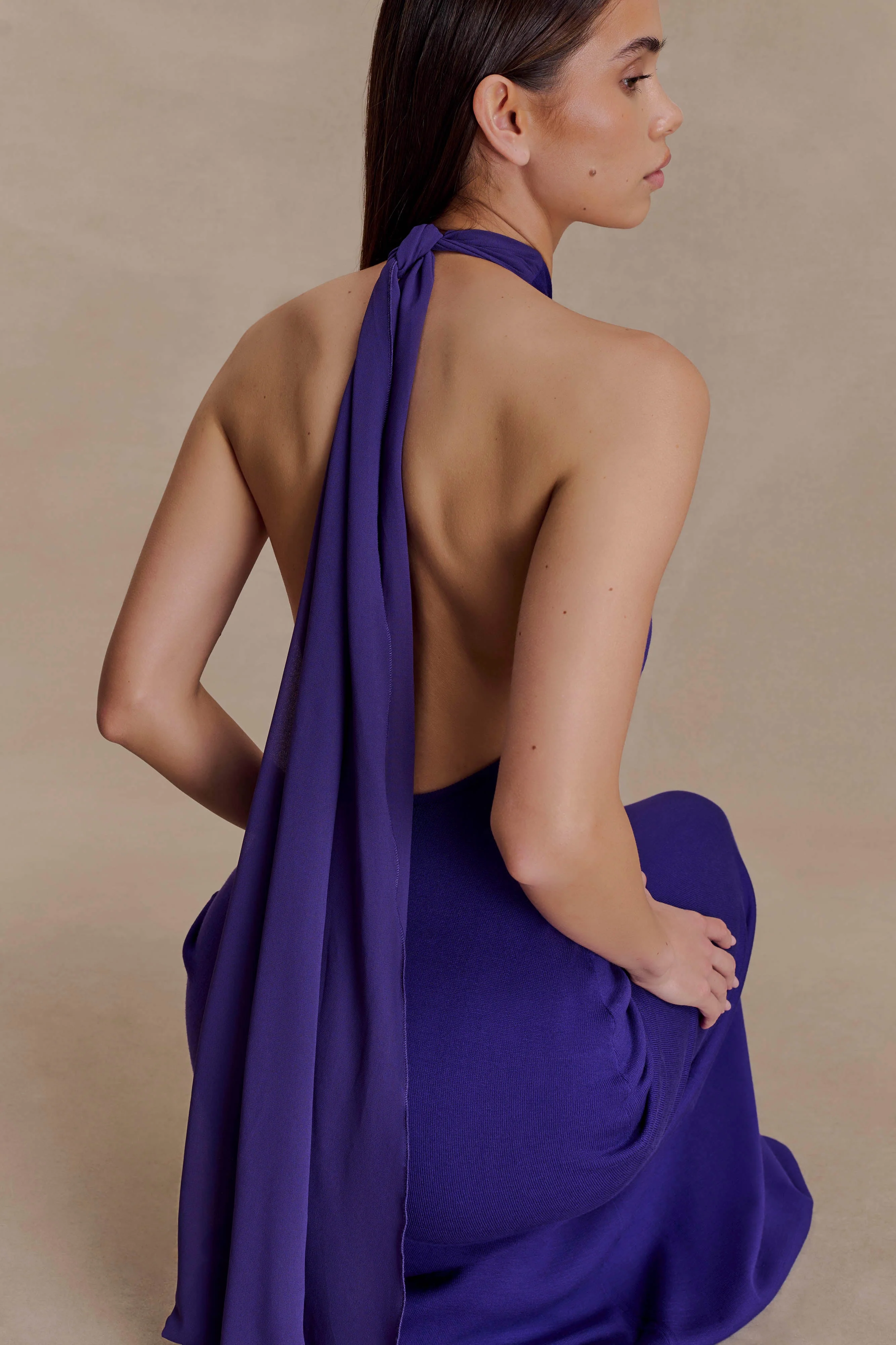 Ozias Halter Semi Sheer Knit Maxi Dress - Deep Purple - Image 3