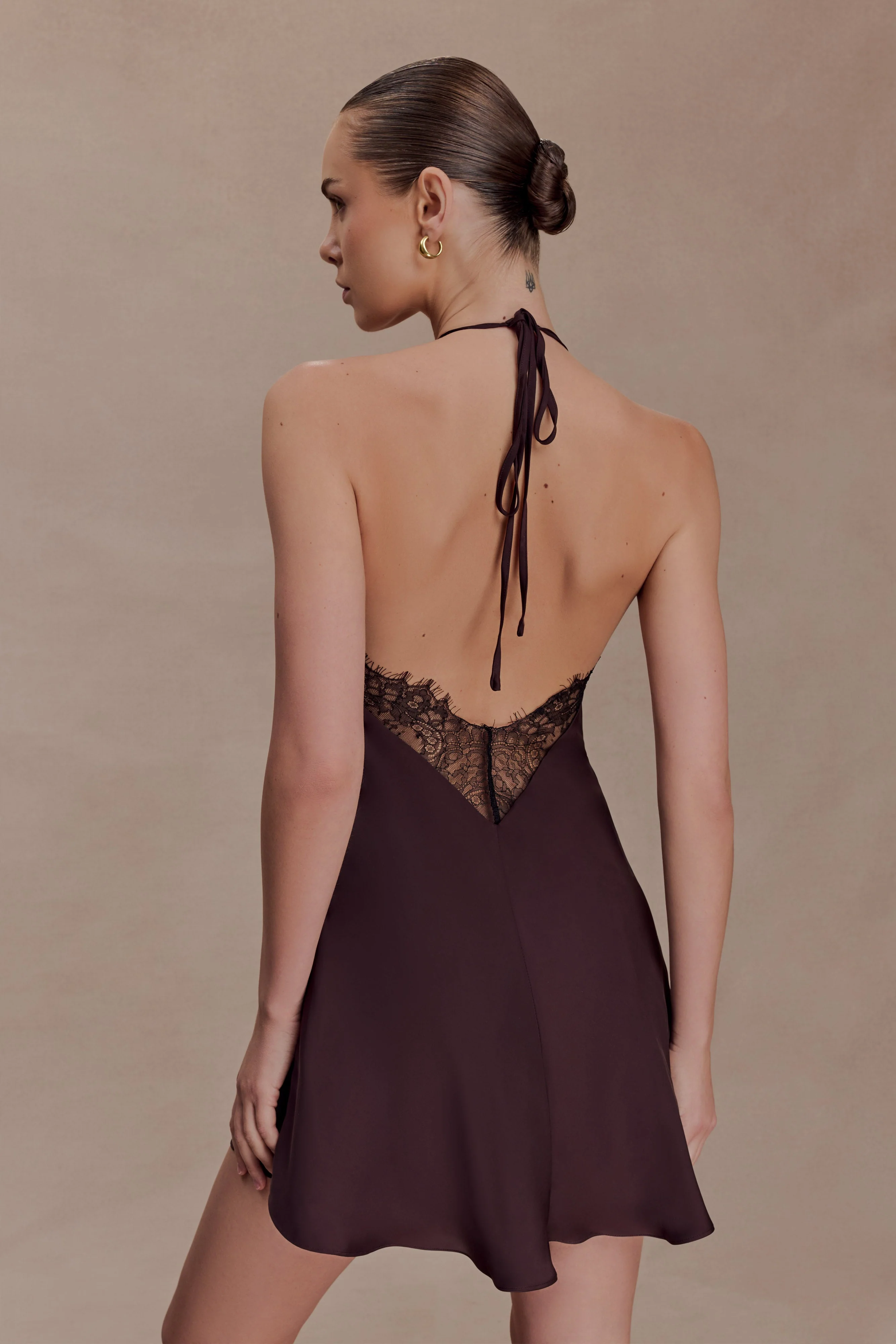 Regina Halter Lace And Satin Mini Dress - Chocolate - Image 5