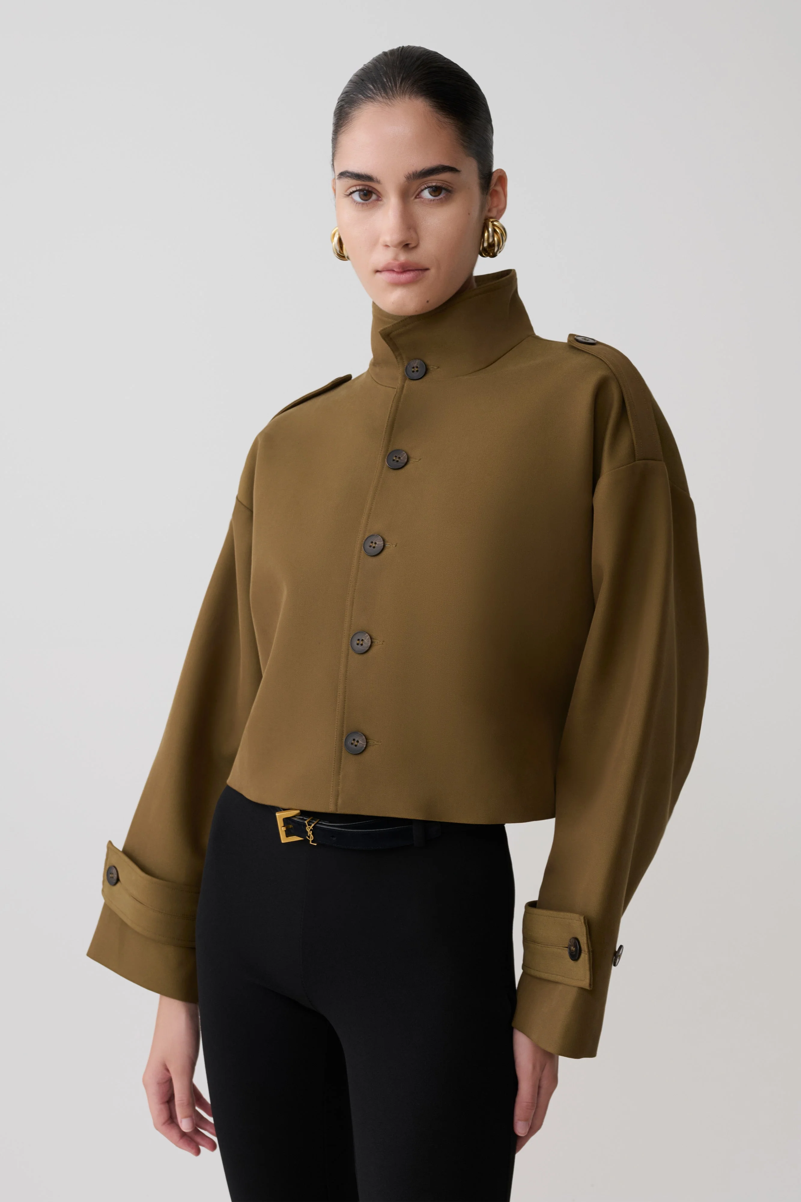Rue Funnel Neck Bomber Jacket - Khaki - Image 5