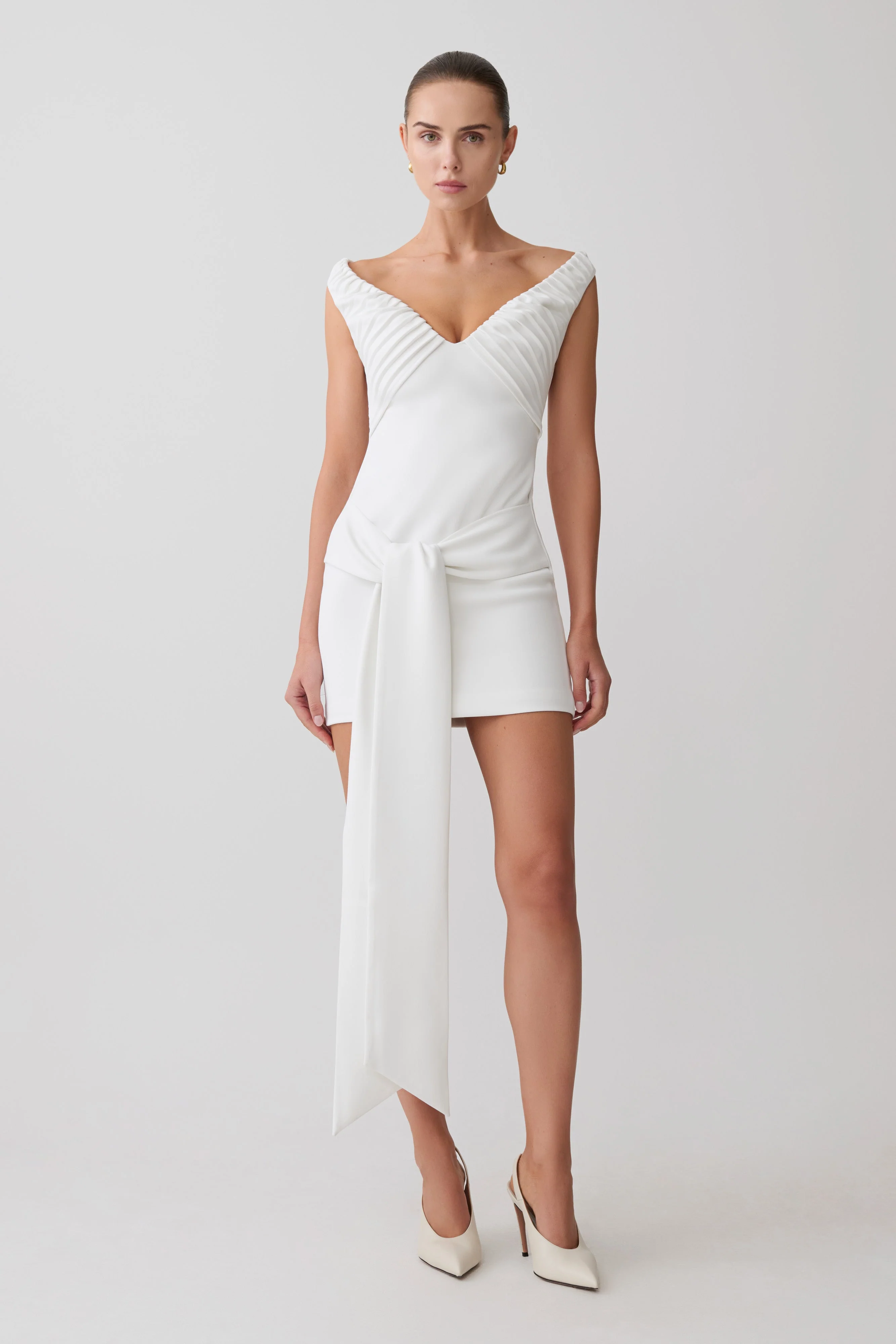 Runa Off Shoulder Mini Dress With Waist Tie - White - Image 4