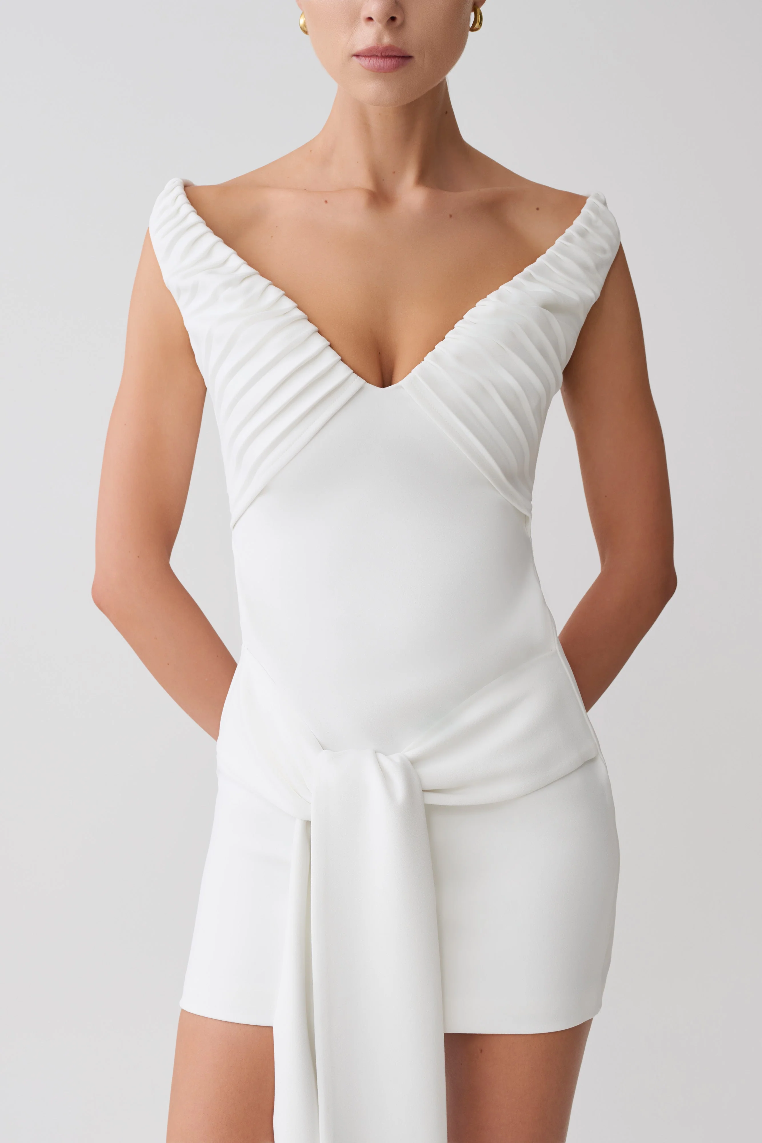 Runa Off Shoulder Mini Dress With Waist Tie - White - Image 6