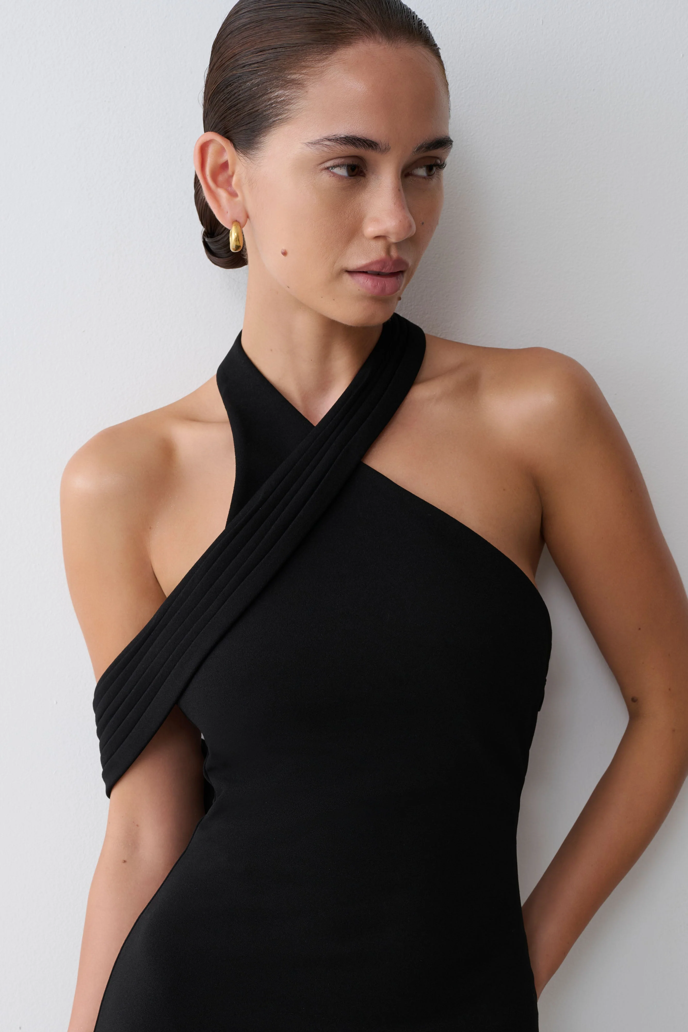 Sable Crossover Crepe Midi Dress - Black - Image 7