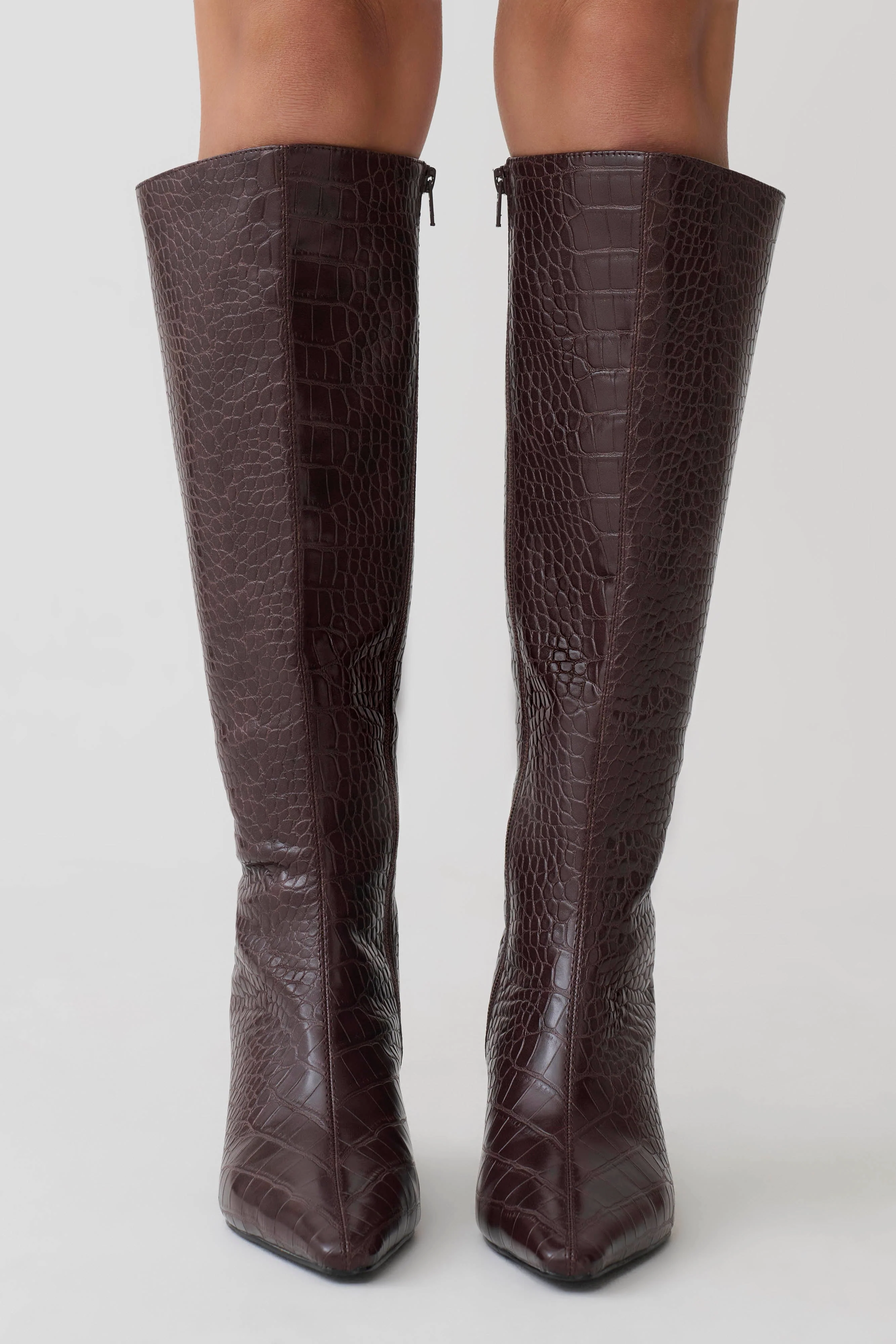 Sarah Faux Leather Crocodile Boot - Chocolate - Image 4