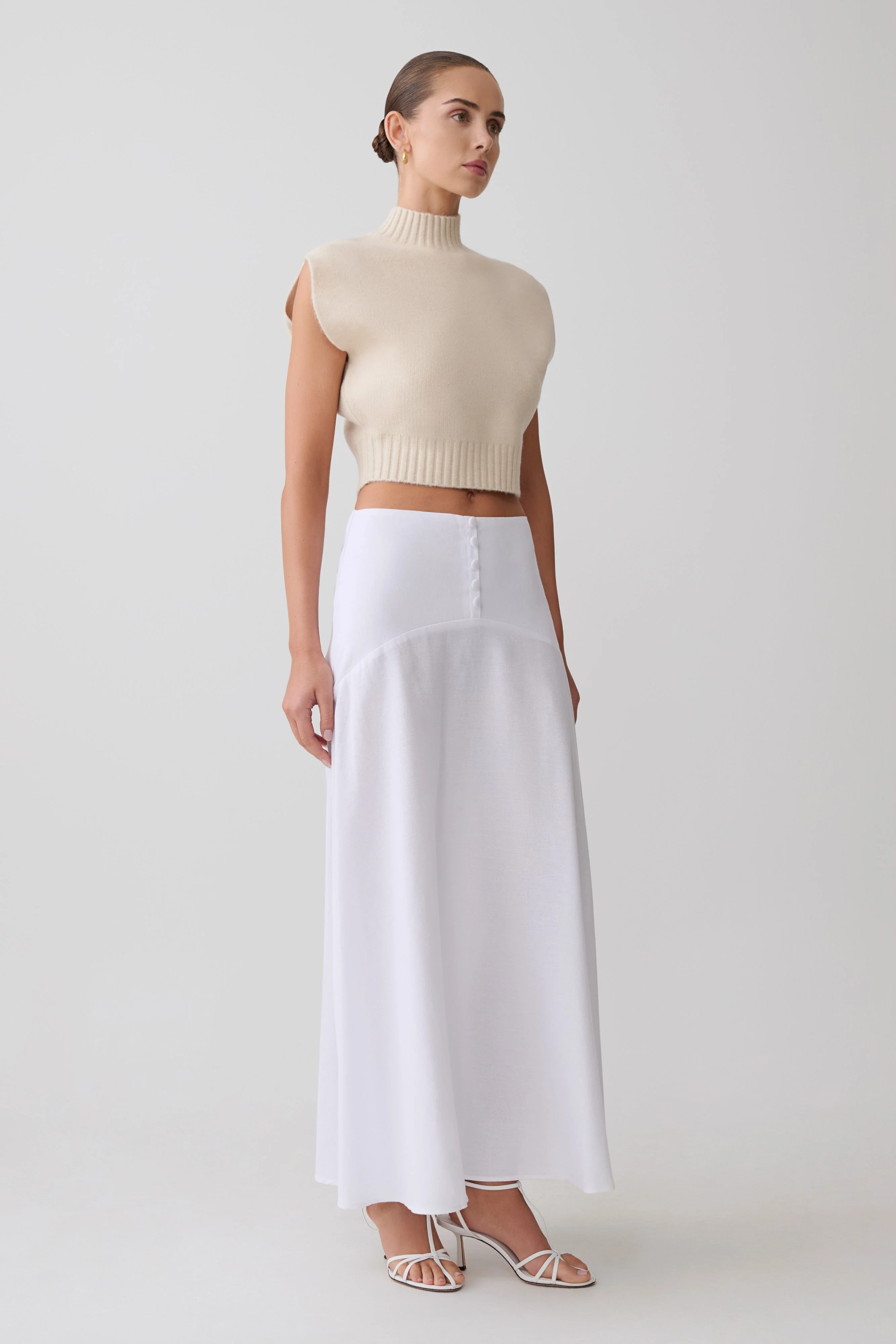 Selma Curved Waist Midi Skirt - White - Image 2