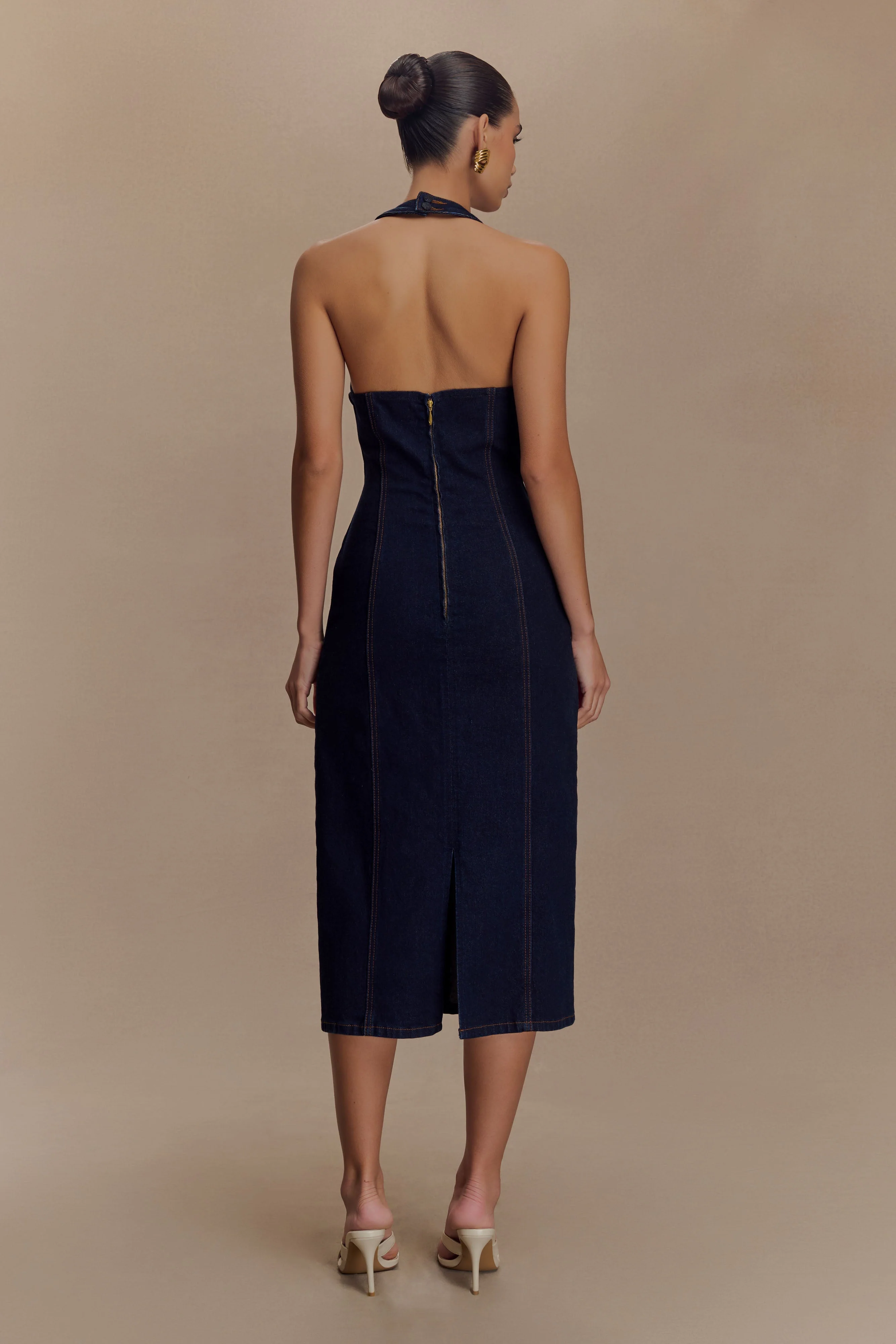 Shauna Denim Halter Midi Dress - Indigo Blue - Image 3