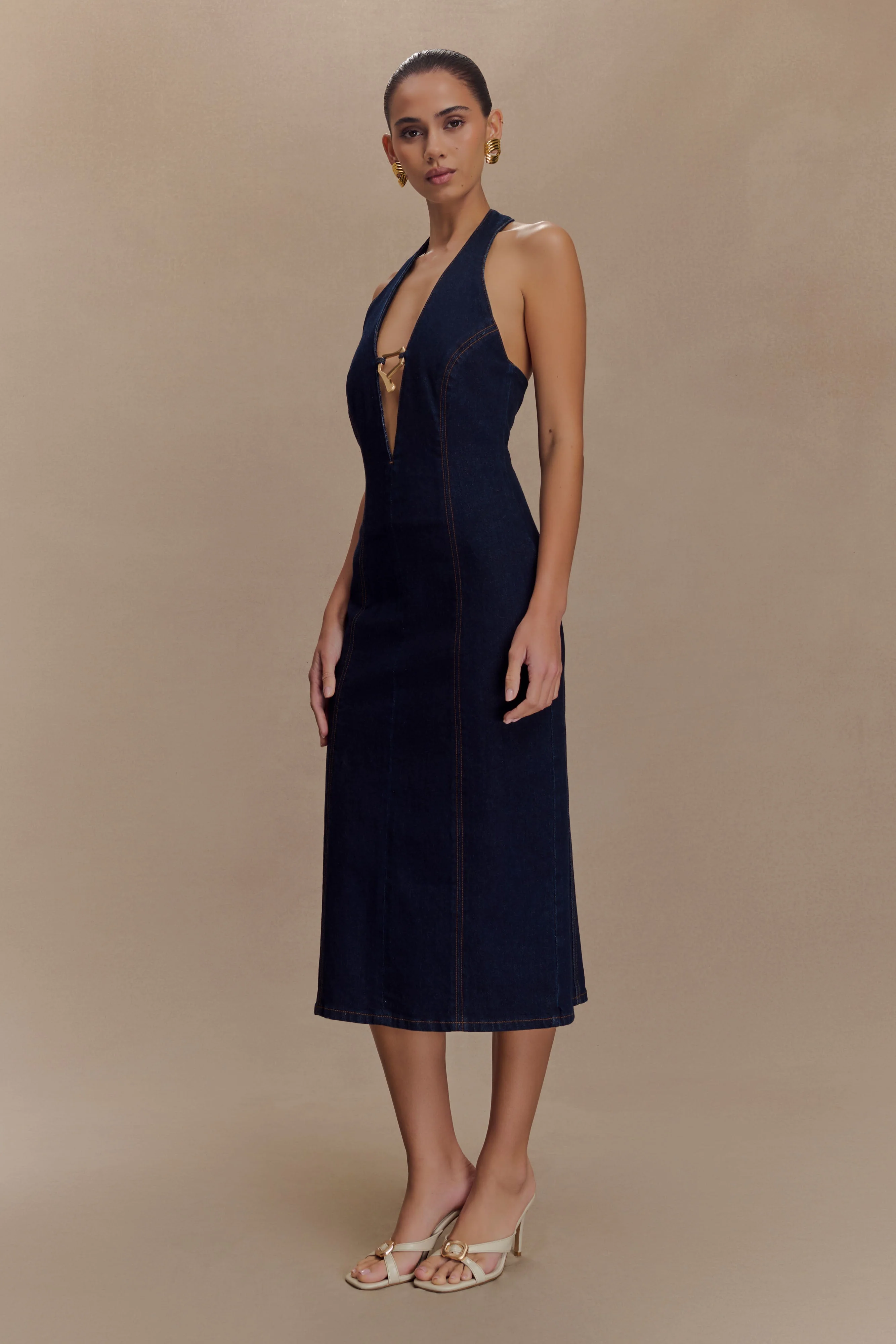 Shauna Denim Halter Midi Dress - Indigo Blue - Image 4