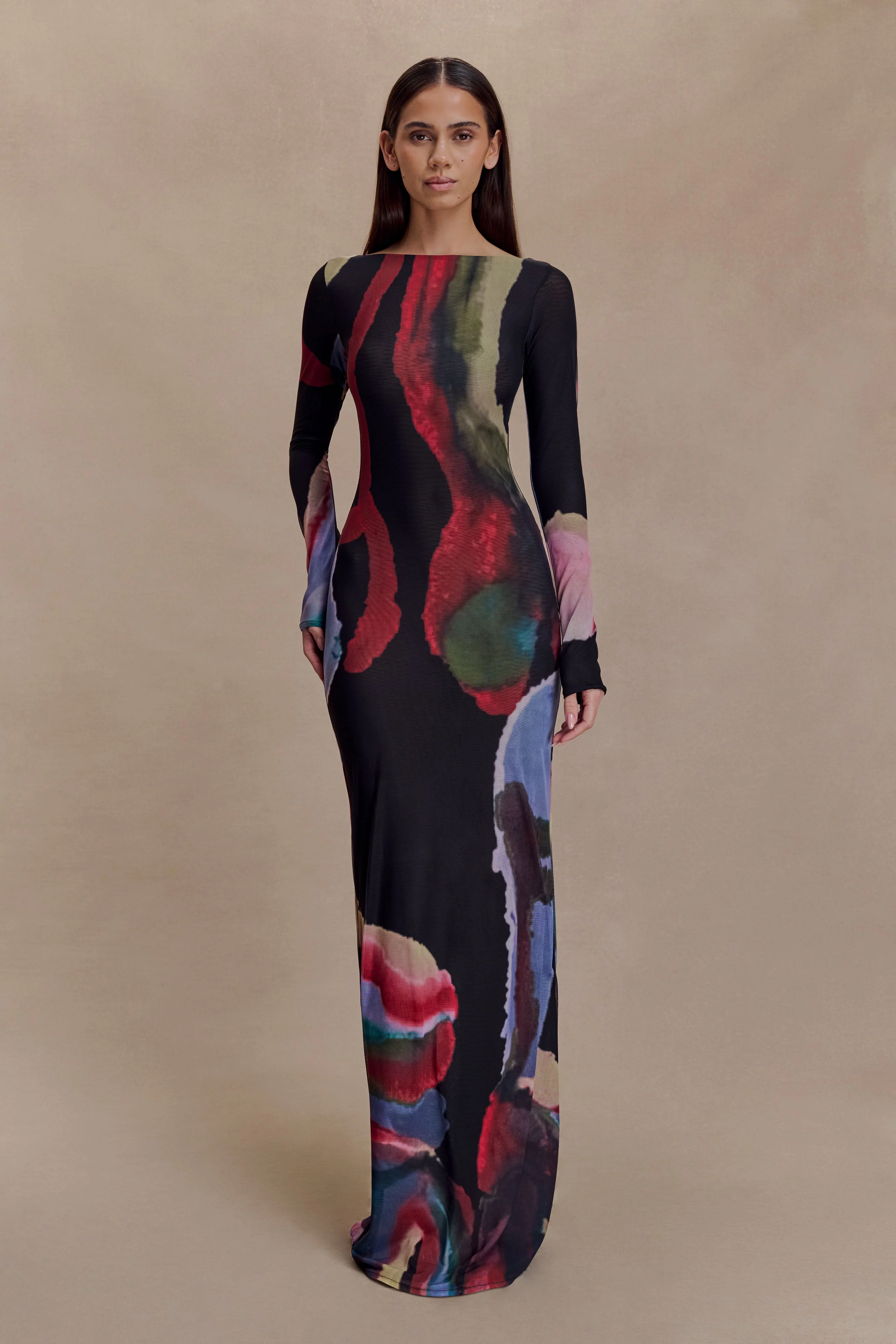 Soraya Long Sleeve Mesh Maxi Dress - Multi Fluid Reverie Print - Image 3