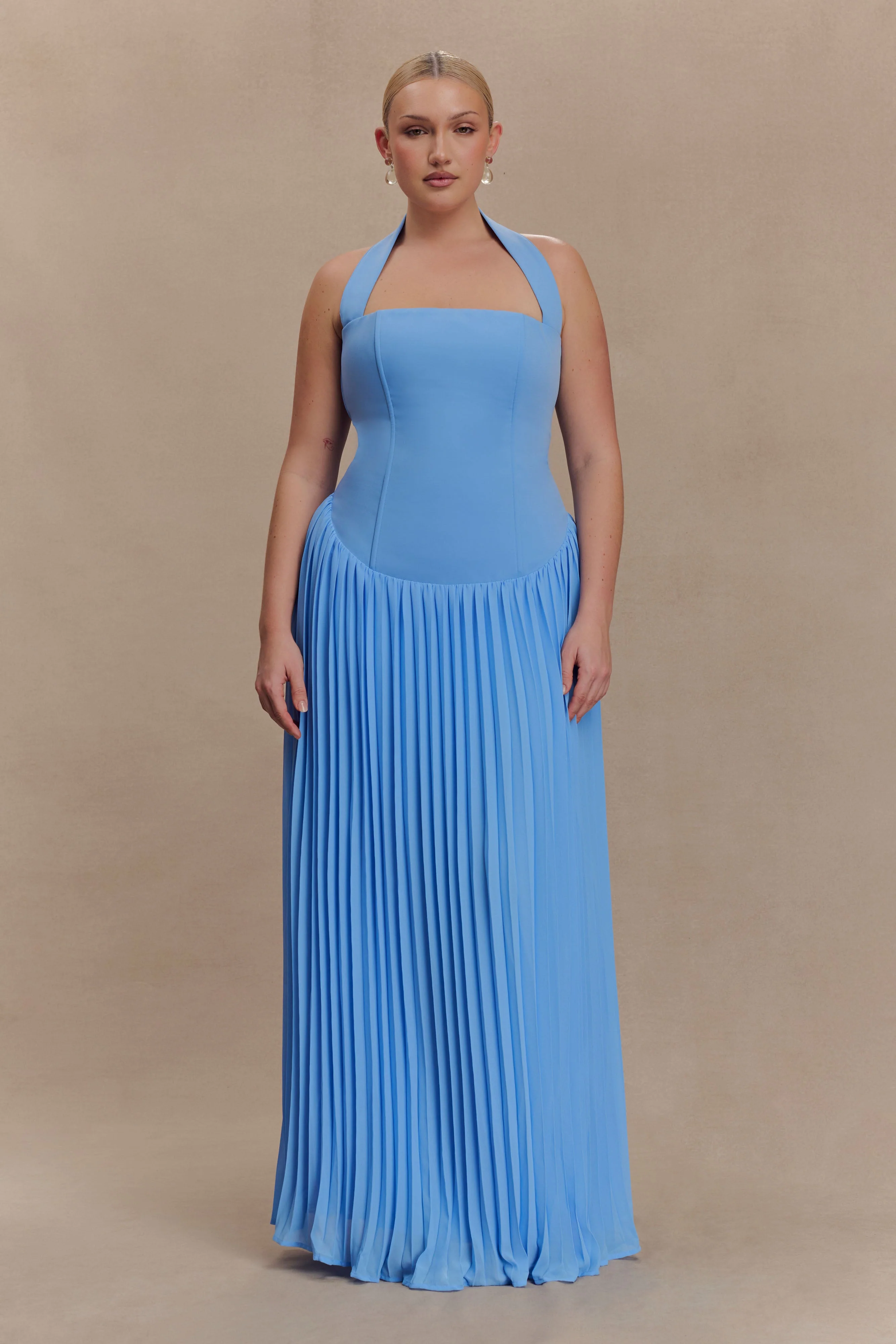 Stacie Pleated Halter Maxi Dress - Bright Blue - Image 9