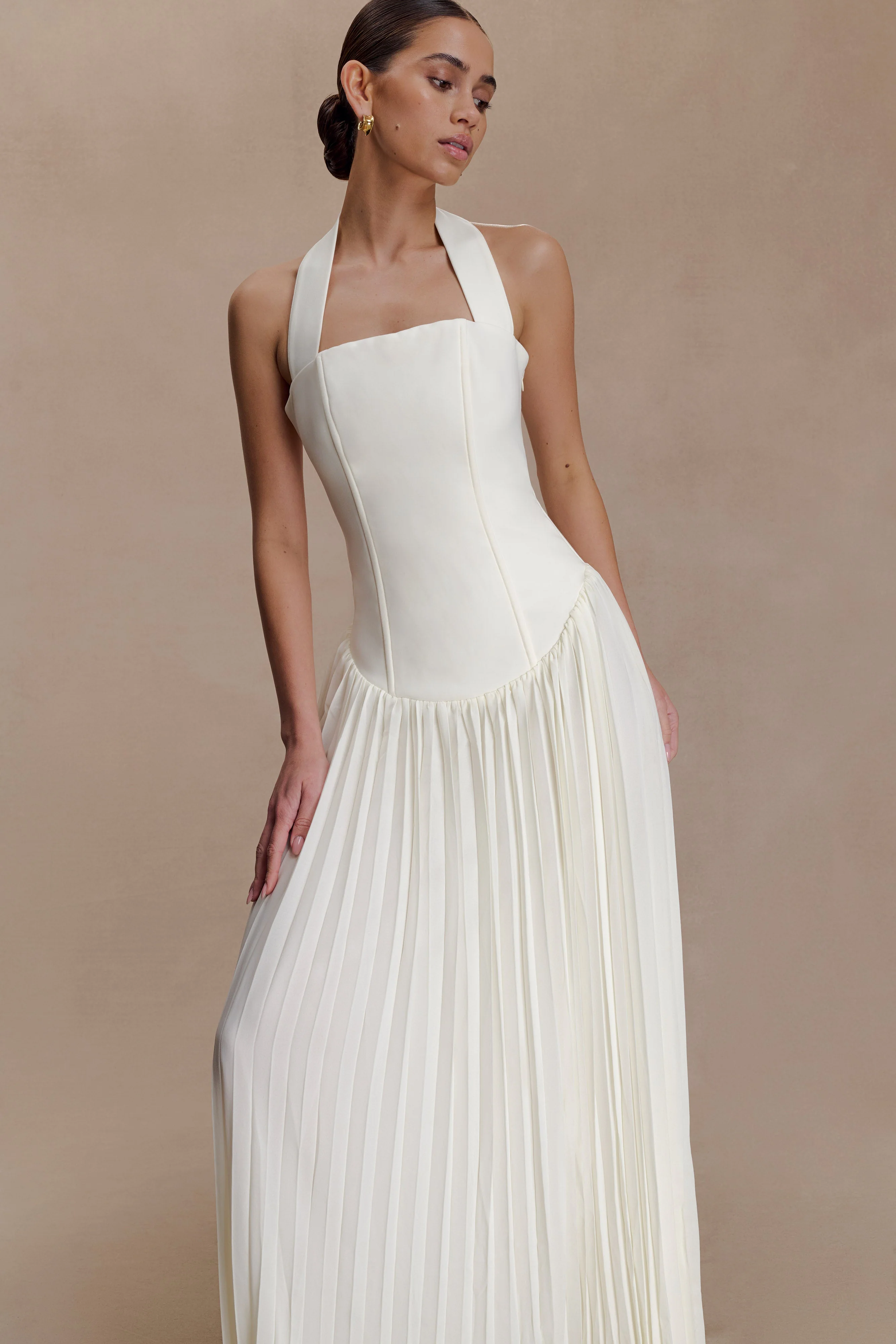 Stacie Pleated Halter Maxi Dress - Ivory - Image 4
