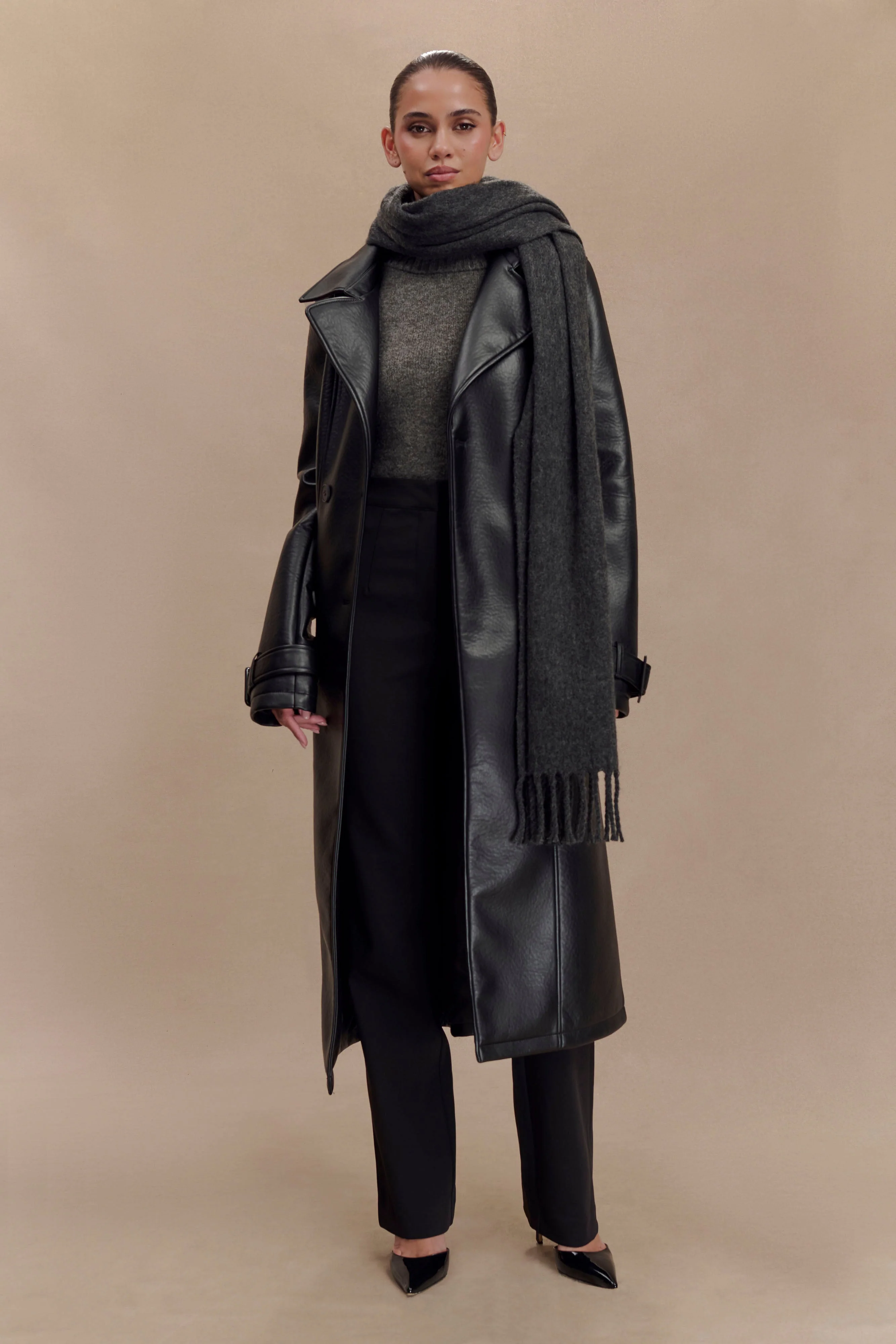 Tarah Faux Leather Trench Coat - Black - Image 3