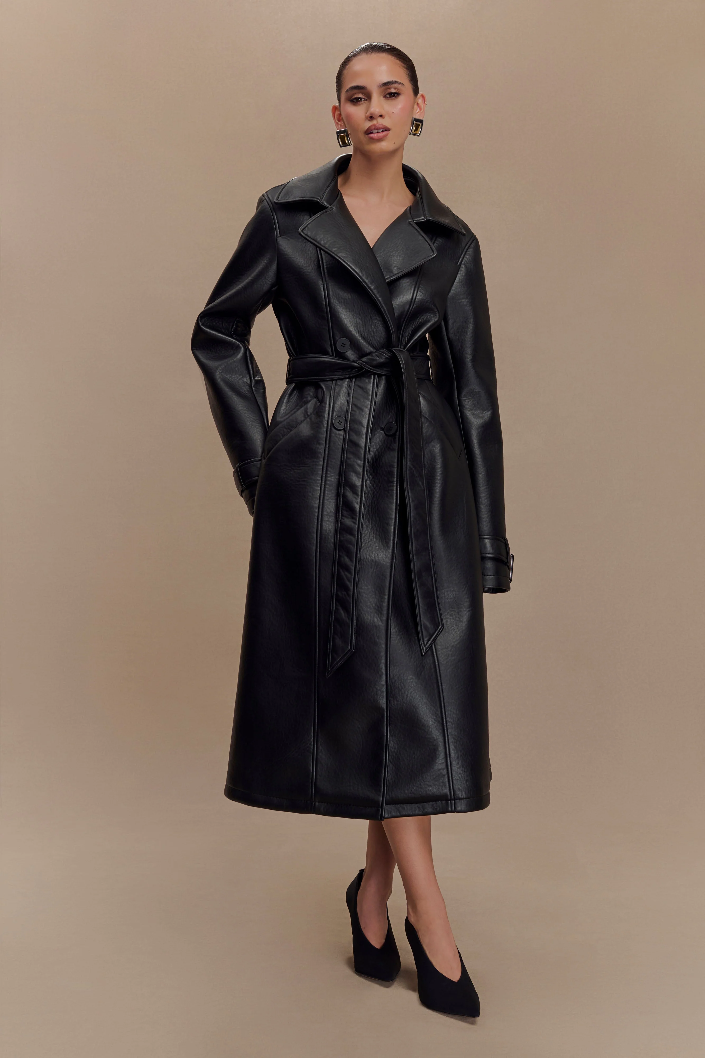 Tarah Faux Leather Trench Coat - Black - Image 4