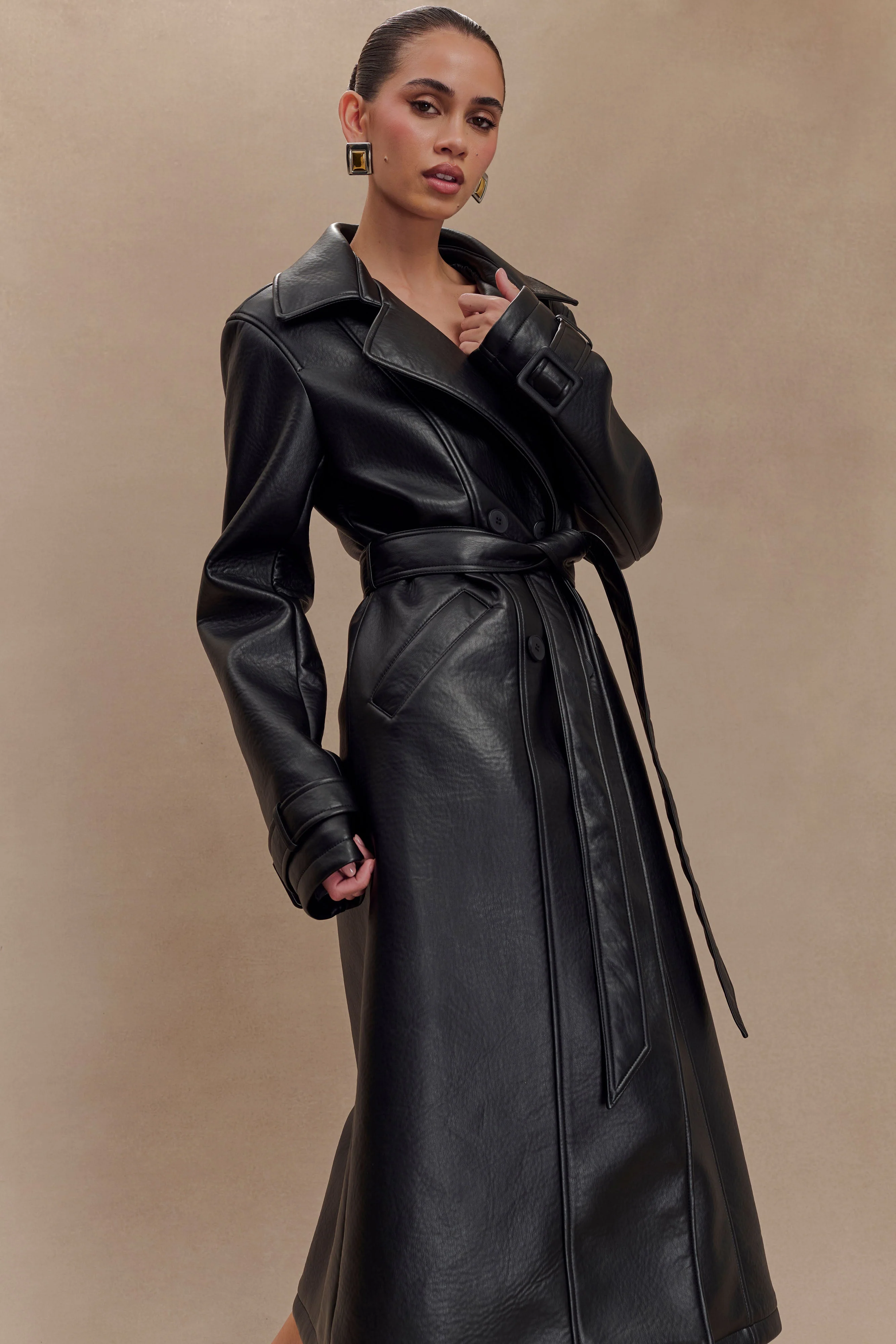 Tarah Faux Leather Trench Coat - Black - Image 7
